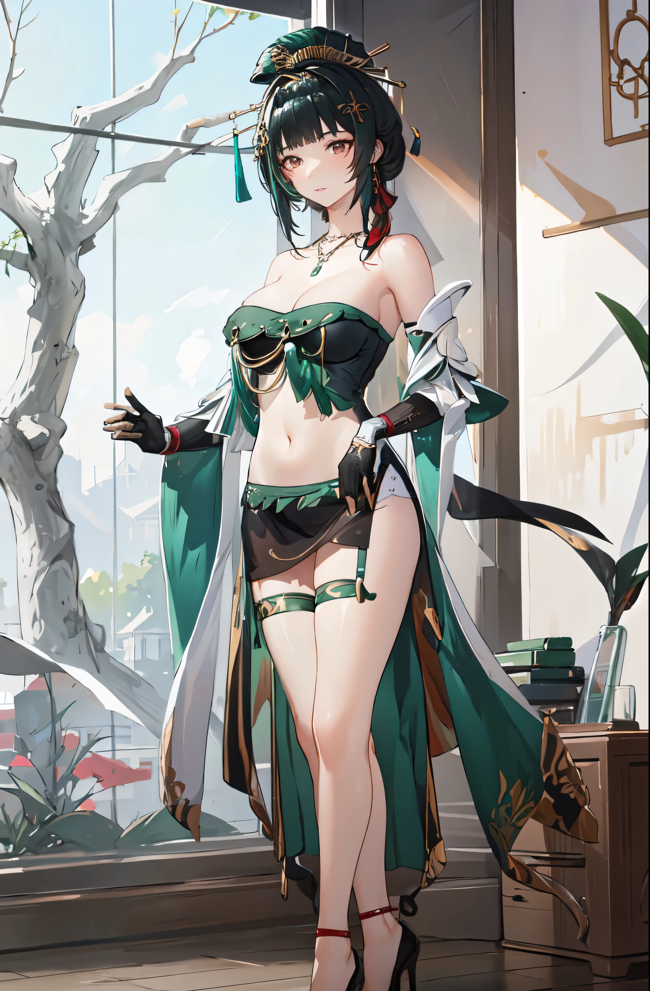 masterpiece, best quality BREAK solo, china dress, highres, Super detailed, very detailed, highest quality, best quality, super detailed, 1girl, standing, (large breasts), mature female, hanying, Full body drawing, (masterpiece), (best quality), (hyperdetail), (illustration), ((extremely delicate and beautiful)), (detailed light), (prefect's body), full body drawing, Hanying, HanYing, sexy, sexy belly, sexy belly line, sexy belly button