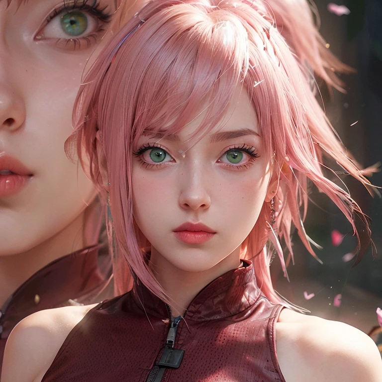 young woman, short shoulder-length pink hair, wide forehead, porcelain skin, pink eyebrows, big emerald green eyes, buttoned nose, full lips, heart-shaped face, slender body, small breasts, red tank top, Sakura Haruno , realistic, realism, details, 3d, well detailed
