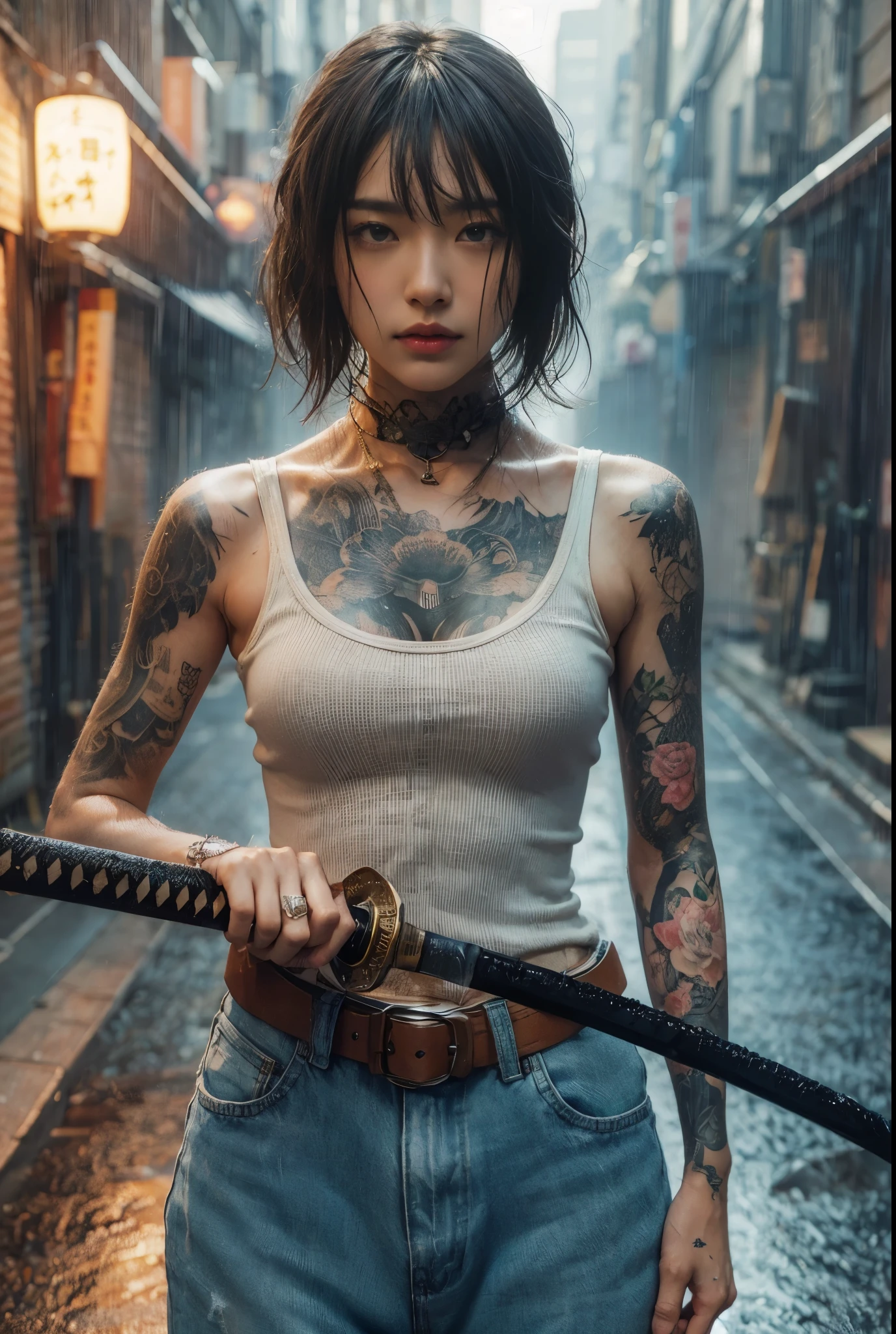 8k,Realistic Skin Texture、Superrealism、Realistic Photo、Japanese women、、Standing with a Japan sword、draw oneself up to one's full height.、The tip of the sword is pointed towards me、Tank top,Oversized jeans、sneakers、Shinjuku Back Alley、Innovative composition、Full body photo、、A wistful look、Tattoo、rain