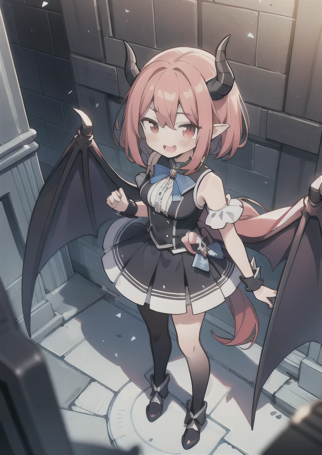 8K,  1girl, petit, adult, kawaii magical girl, crimson hair, short hair, red eyes, fang, bat wings, smile, (blush), (shy), pointed ears, looking at viewer,  dynamic angle, wind, game cg, fantastic scenery, demon tail, thin tail, black horns, medium breast, show full body, magical girl, dungeons, summon, maho shojo, Gushing Over Magical Girls, magicalgirl