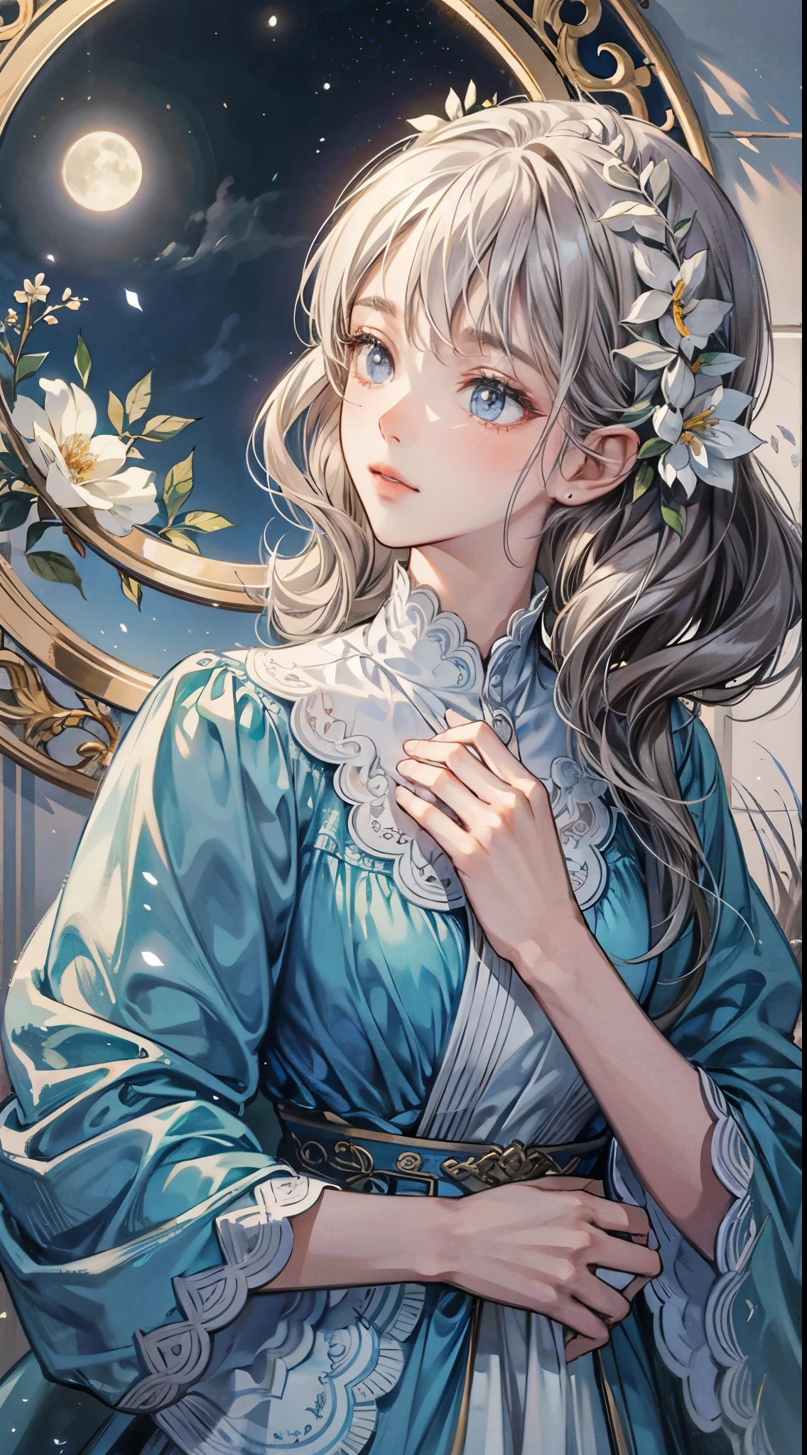 (best quality,masterpiece:1.2),girl,serene moon goddess,fragrant flowers,beautiful detailed facial features,serene atmosphere,illustration,soft color palette,subtle lighting