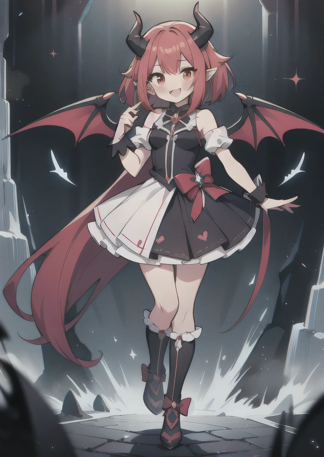 8K, 1girl, petit, adult, kawaii magical girl, crimson hair, short hair, red eyes, fang, bat wings, smile, (blush), (shy), pointed ears, looking at viewer, dynamic angle, wind, game cg, fantastic scenery, demon tail, thin tail, black horns, medium breast, show full body, magical girl, dungeons, summon, maho shojo, Gushing Over Magical Girls, magicalgirl