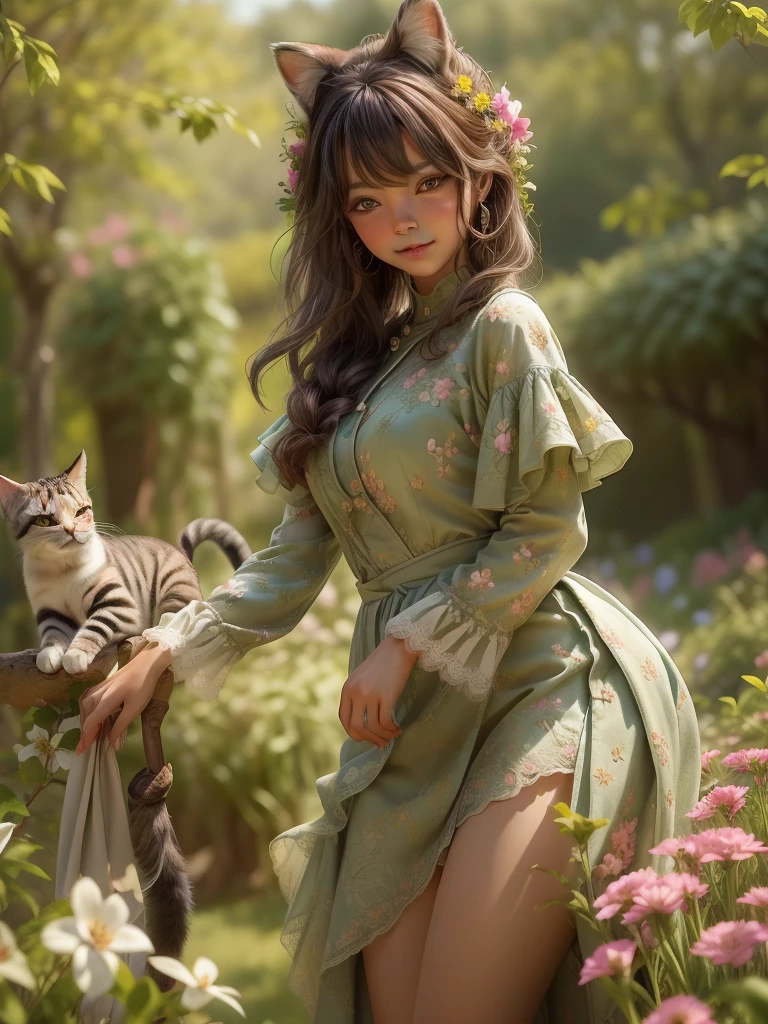 A girl opens the front door and immediately encounters a cat, standing in a beautiful garden. The girl has mesmerizing eyes and a playful smile on her lips. The garden is filled with vibrant flowers and lush greenery, creating a serene atmosphere. The girl is wearing a colorful dress that complements the garden's vibrant colors. The artwork is created using a combination of illustration and photography techniques, resulting in a unique and captivating medium. The details are extremely intricate, with every petal of the flowers and every strand of hair on the girl's head clearly defined. The overall quality of the image is top-notch, with a resolution of 4k or higher, ensuring the finest level of detail. The art style is a perfect blend of realism and fantasy, showcasing the beauty of nature in a dreamlike manner. The colors are vivid and saturated, giving the scene a lively and vibrant feel. The lighting is soft and warm, casting a gentle glow on the garden and enhancing the magical atmosphere. In this charming scene, the girl's eyes sparkle with excitement as she locks eyes with the curious cat. The cat, with its fur shimmering in the sunlight, approaches her with a playful tilt of its head. The garden is adorned with blooming flowers of various colors, swirling butterflies, and a gentle breeze rustling the leaves. The composition captures a moment of joyful connection between the girl and the cat, radiating warmth and happiness. Ultimately, this prompt aims to generate a visually stunning and heartwarming artwork, depicting the magical encounter between a girl and a cat in a vibrant garden.