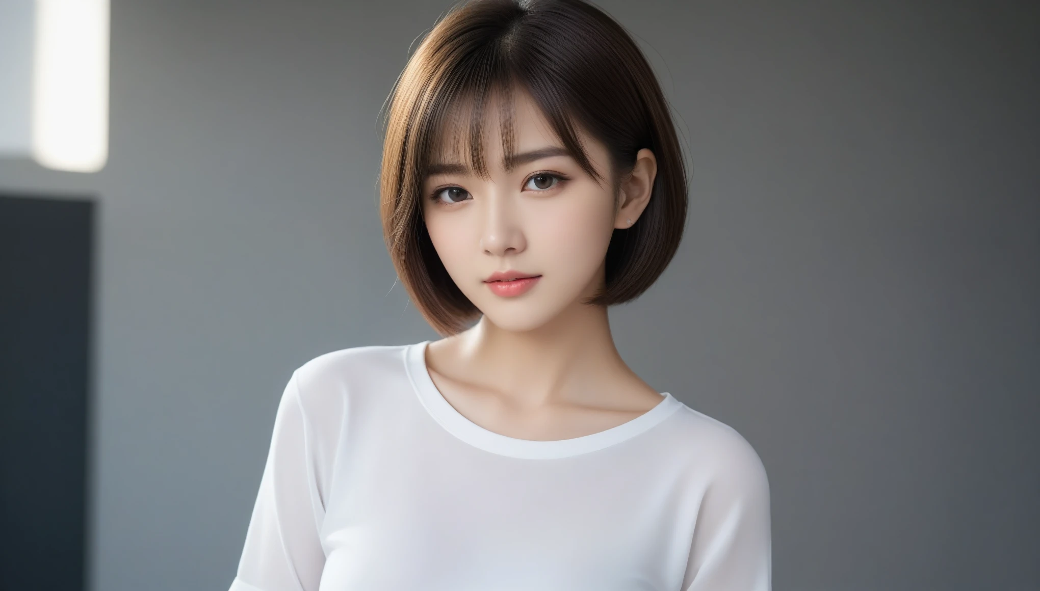8k, Ultra-high resolution, highest quality, masterpiece, Surreal, photograph, 1 girl, (16 years old:1.3), pretty girl, Cute Face, Beautiful eyes in every detail, 細かくdetailedに,masterpiece,Japan Female Announcer,（((White shirt))）、フィルムポートレートphotograph、One Girl、Exposing shoulders、Bob Cut Hair、Calm、Calm、(Realistic detailedd eyes、Natural skin texture、Realistic facial details)、Soft and dramatic lighting、Depth of written boundary、Vivid details、detailed、Surreal、Light and shadow,Strong light,Bob Cut Hair, Dynamic pose、 Sexy pose、See through 、Looking at the audience、beauty,Long neck、Laugh a little、Please close your mouth and laugh、(((Ideal body type))),A-cup small breasts :2,、Portraiture:2、Perfect ???????、鮮明なdetailed、detailed、Surreal、Light and shadow,Strong light,Fashion magazine cover,Thin lips