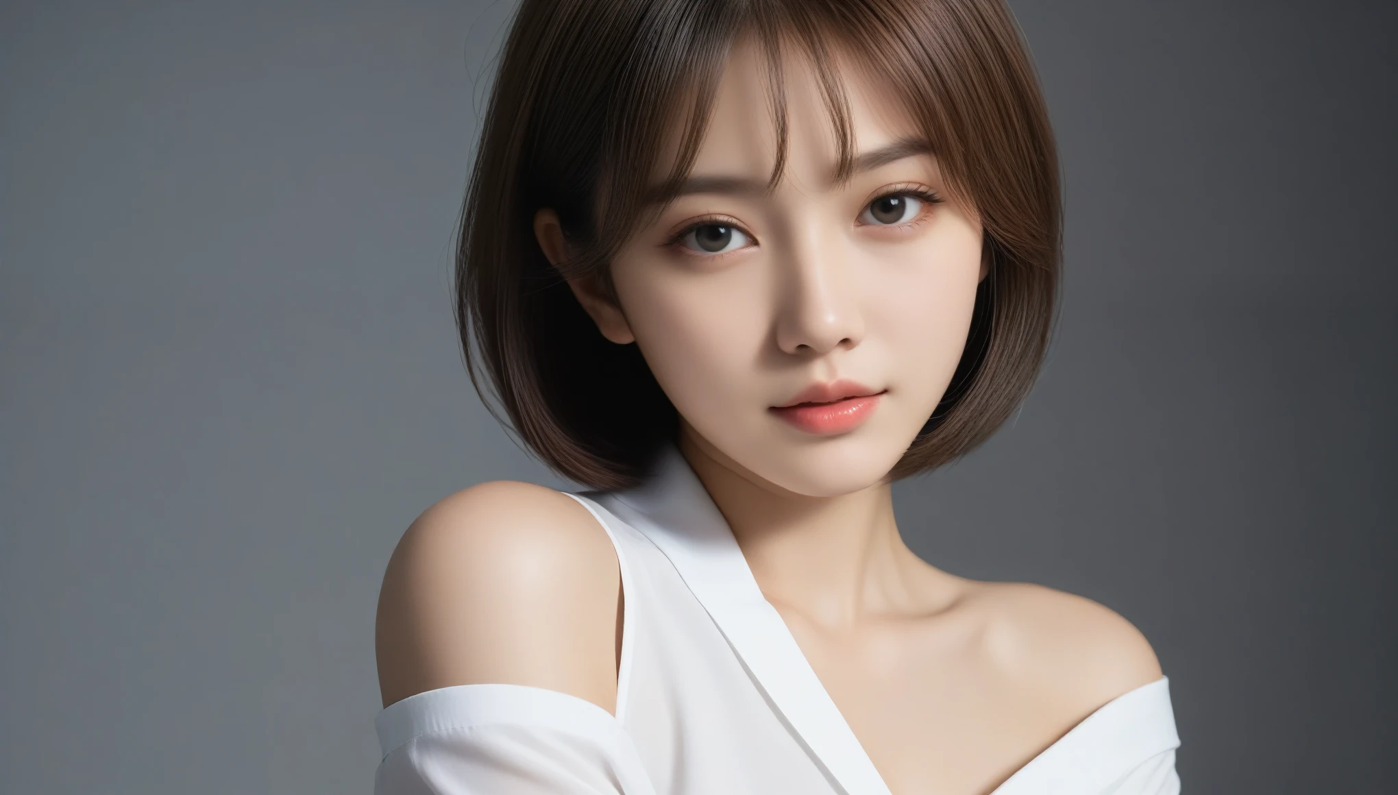 8k, Ultra-high resolution, highest quality, masterpiece, Surreal, photograph, 1 girl, (16 years old:1.3), pretty girl, Cute Face, Beautiful eyes in every detail, 細かくdetailedに,masterpiece,Japan Female Announcer,(((White shirt)))、フィルムポートレートphotograph、One Girl、Exposing shoulders、Bob Cut Hair、Calm、Calm、(Realistic detailedd eyes、Natural skin texture、Realistic facial details)、Soft and dramatic lighting、Depth of written boundary、Vivid details、detailed、Surreal、Light and shadow,Strong light,Bob Cut Hair, Dynamic pose、 Sexy pose、See through 、Looking at the audience、beauty,Long neck、Laugh a little、Please close your mouth and laugh、(((Ideal body type))),A-cup small breasts :2,、Portraiture:2、Perfect Anatomy、鮮明なdetailed、detailed、Surreal、Light and shadow,Strong light,Fashion magazine cover,Thin lips