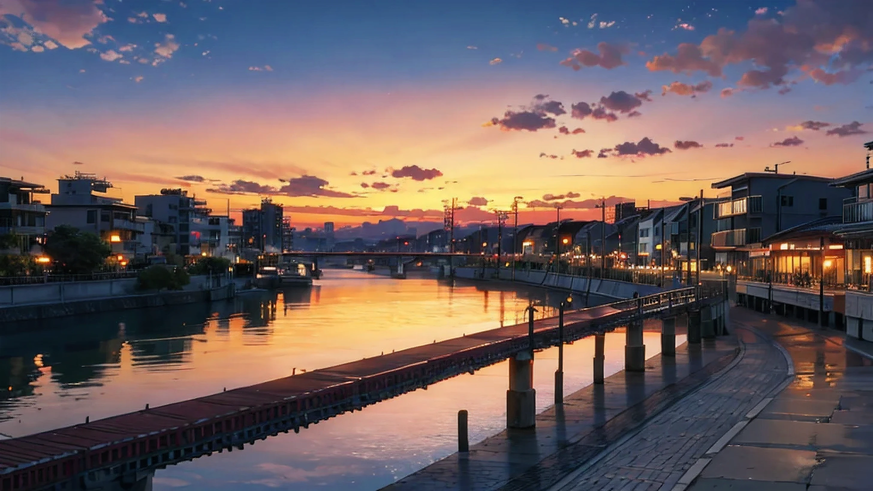 sunset、Streetscape、river、shinkai makoto