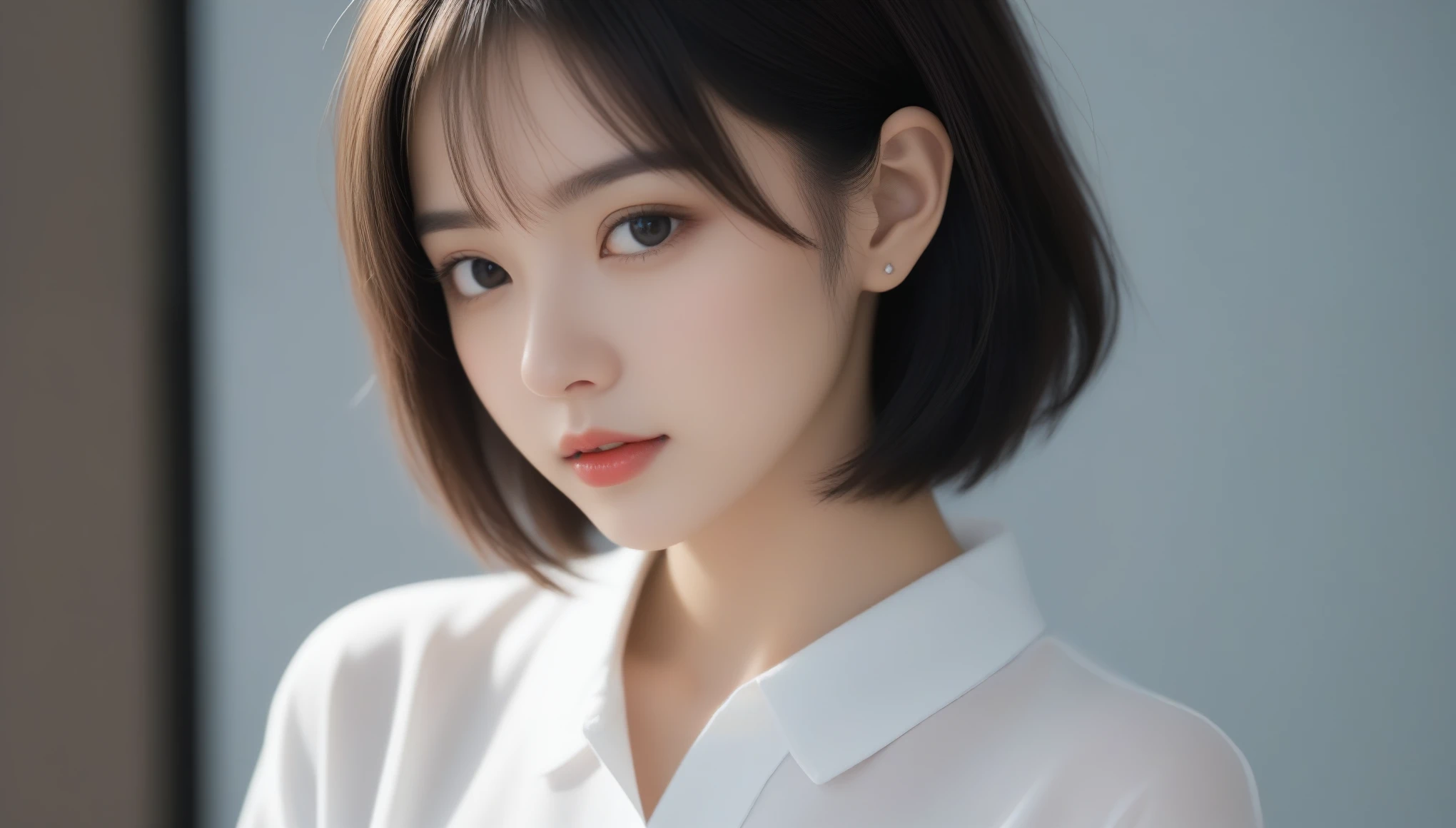 8k, Ultra-high resolution, highest quality, masterpiece, Surreal, photograph, 1 girl, (16 years old:1.3), pretty girl, Cute Face, Beautiful eyes in every detail, 細かくdetailedに,masterpiece,Japan Female Announcer,（((White shirt))）、フィルムポートレートphotograph、One Girl、Exposing shoulders、Bob Cut Hair、Calm、Calm、(Realistic detailedd eyes、Natural skin texture、Realistic facial details)、Soft and dramatic lighting、Depth of written boundary、Vivid details、detailed、Surreal、Light and shadow,Strong light,Bob Cut Hair, Dynamic pose、 Sexy pose、See through 、Looking at the audience、beauty,Long neck、Laugh a little、Please close your mouth and laugh、(((Ideal body type))),A-cup small breasts :2,、Portraiture:2、Perfect Anatomy、鮮明なdetailed、detailed、Surreal、Light and shadow,Strong light,Fashion magazine cover,Thin lips