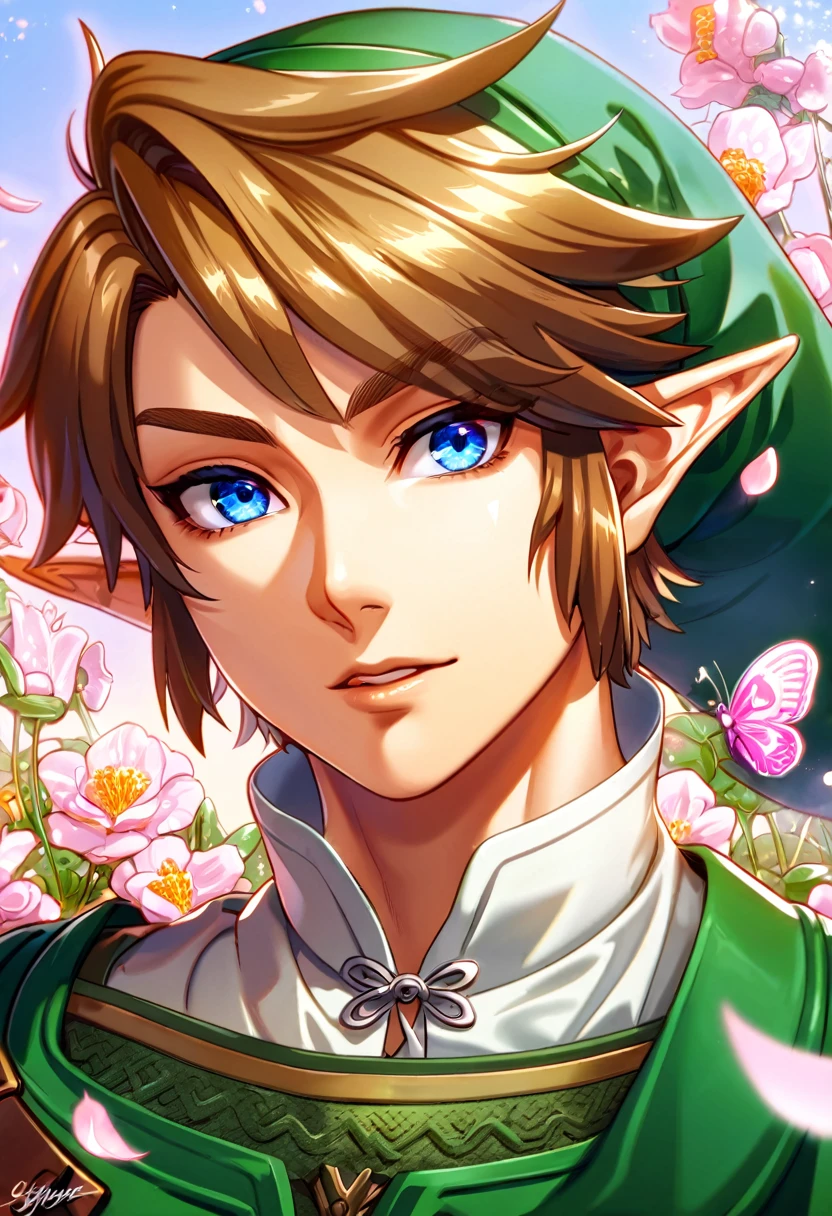 (absurdres, highres, ultra detailed, HDR) master piece, best quality, perfect face, delicated features, Link, brown hair, expressive blue eyes, the legend of zelda twilight princess, solo, sexy man, handsome, green tunic, green hat, magical, petals, flowers, butterflies