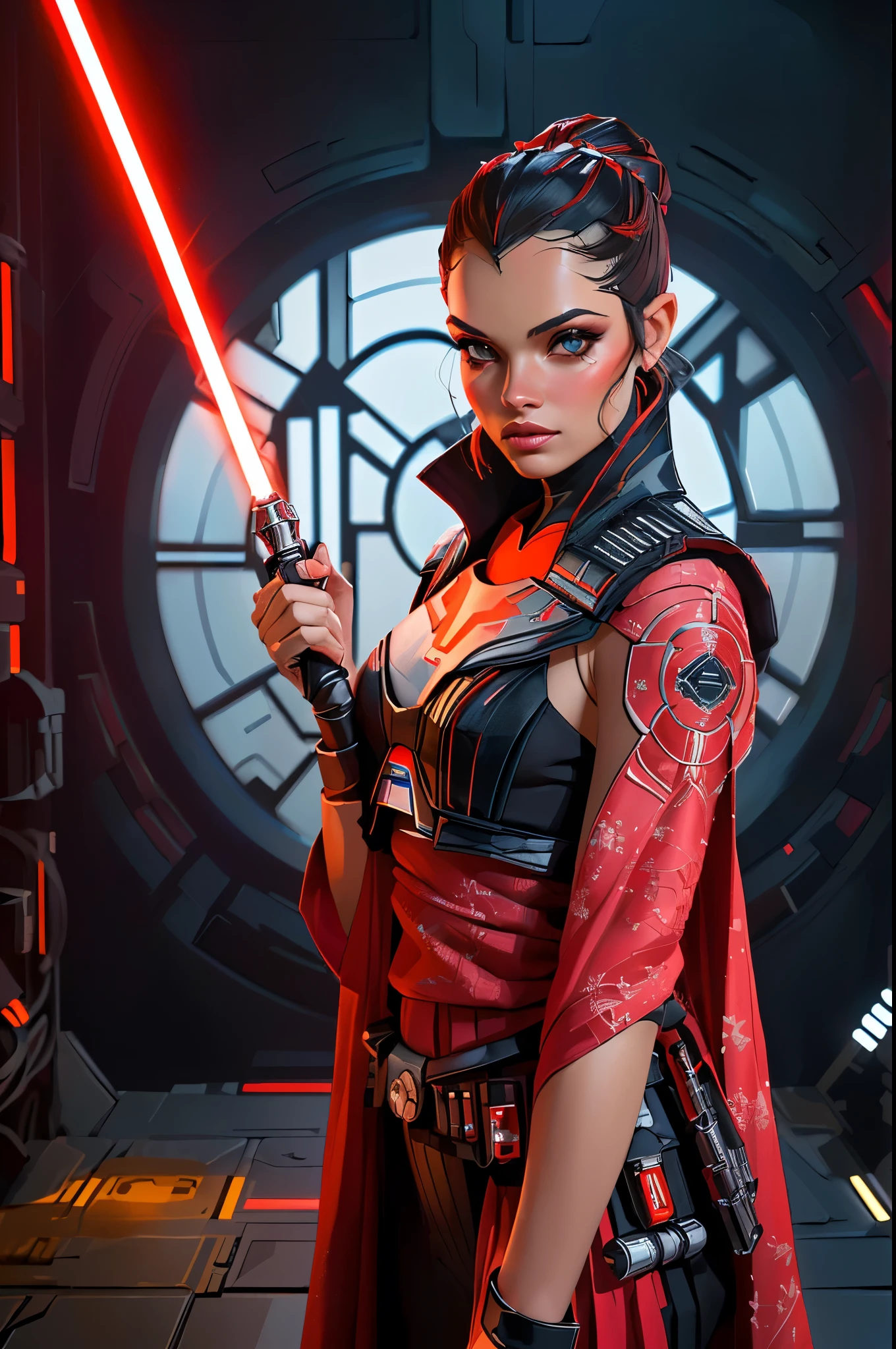 Mujer arafed vestida de rojo sosteniendo un sable de luz roja., vistiendo uniforme sith negro, sosteniendo un sable de luz rojo, sosteniendo sable de luz 4k, con espada sable de luz, Jedi femenino, red and cinematic lighting, sith, Lord Sith. dramatic lighting, con sable de luz, personaje de guerra de las galaxias, star wars movie look, estilo imperial de star wars, Lord Sith
