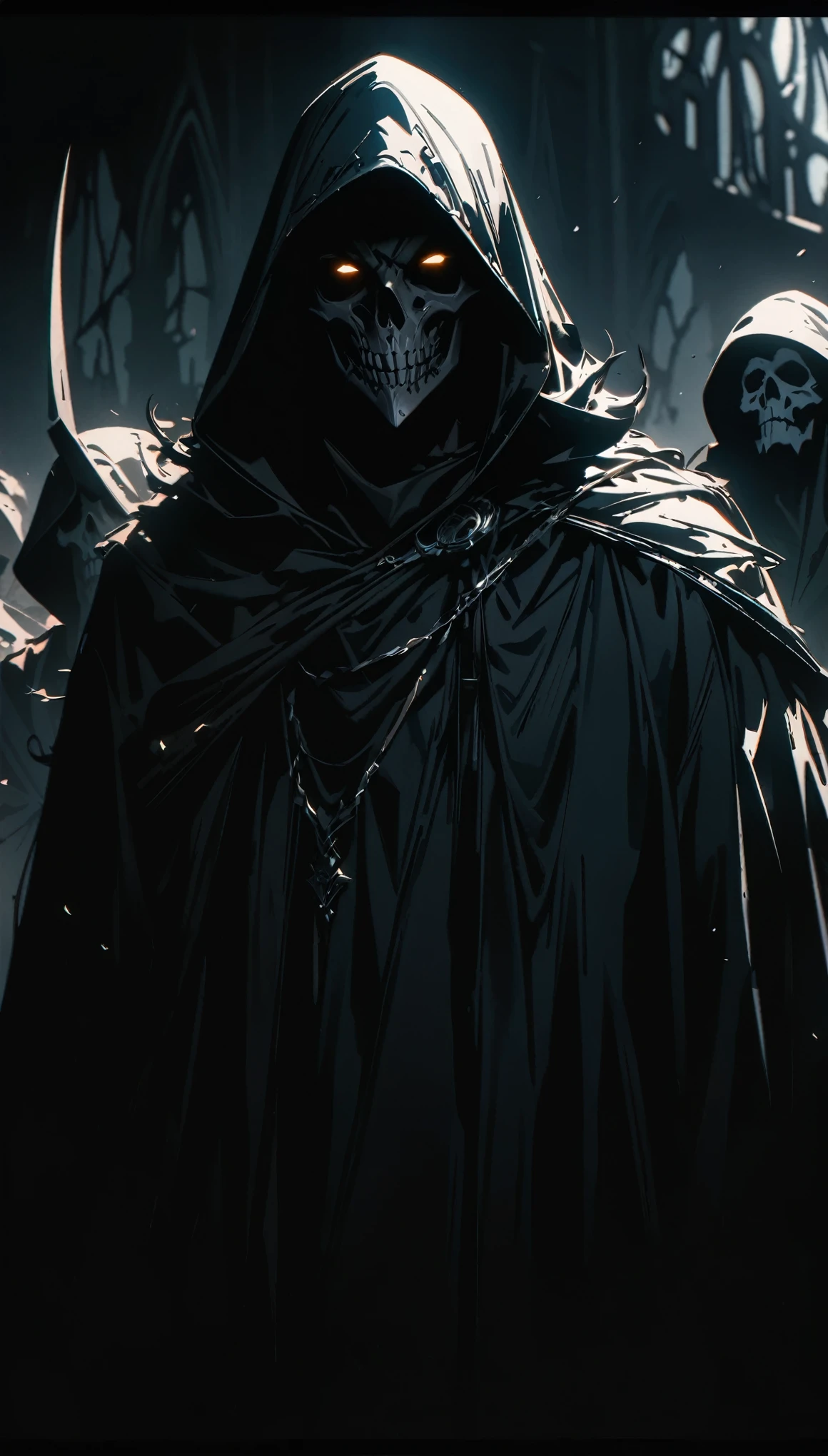 (high quality, 8k, 4K, High detail, High Contrast, masterpiece:1.2, 最high quality, Best aesthetics), ((Black, Strange Grim Reaper)), Dark Color Palette, Black Death, Insufficient lighting, Devil's Drug, Magic circle and tapestry hanging on the wall, Summoned Grim Reaper, Hooded, Clown costume, with a scythe, black magic, roar, Overflowing energy, Black Death:1.2, Impressive fantasy art, Random Pause, Dutch Angle, Dilapidated Western-style building background, Ultra-fine Illustration.