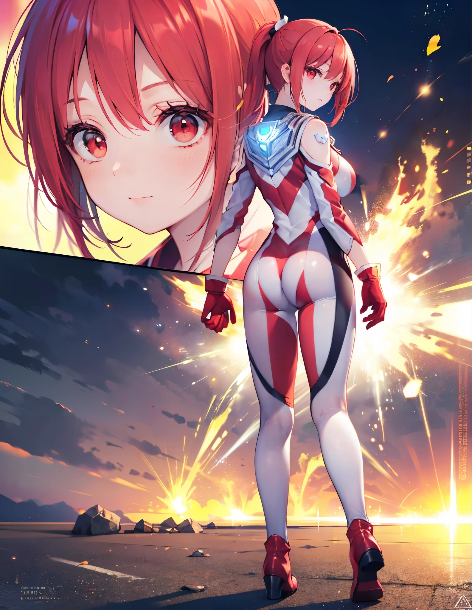 (Close-up:1.3),Realistic,highest quality, Ultra Detail, High-quality CG rendering, The most delicate and beautiful, Floating softly, High resolution, (1 girl), (Highest quality,4K,8K,masterpiece:1.2),(All red hair:1.5), (Short ponytail:1.5),(Red eyes:1.5), (Ultra Girl:1.0), (Red Ultraman bodysuit:1.4),(Slightly larger breasts:1.5),(Clenched Fist:1.2),(Turn your back to your audience:1.3),Butt,(Red gloves:1.3),(Red Shoes:1.3) ,(whole body:1.3)