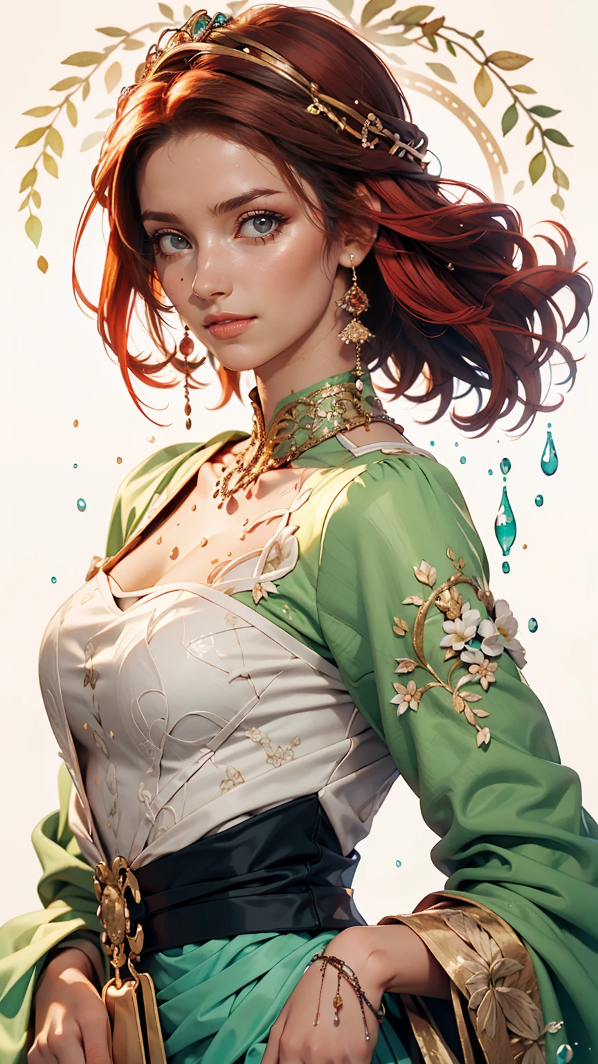Caucasian woman with red hair and bright green eyes, Wear elegant party clothes, Scattered outlines and white background, Intricate details, Modest, watercolor, splash