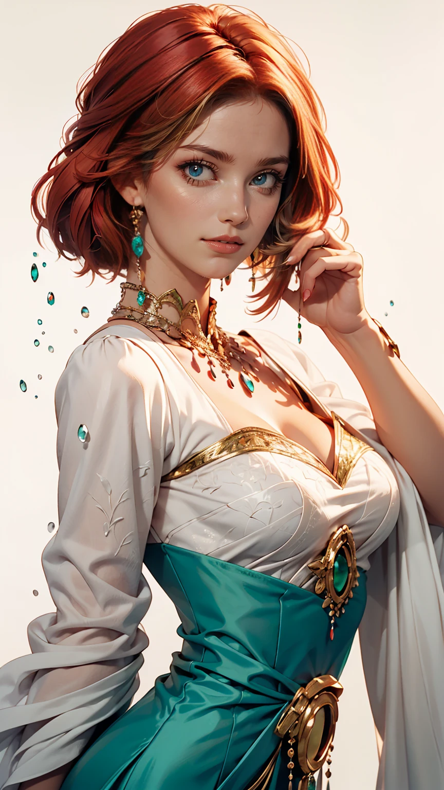 Caucasian woman with red hair and bright green eyes, Wear elegant party clothes, Scattered outlines and white background, Intricate details, Modest, watercolor, splash