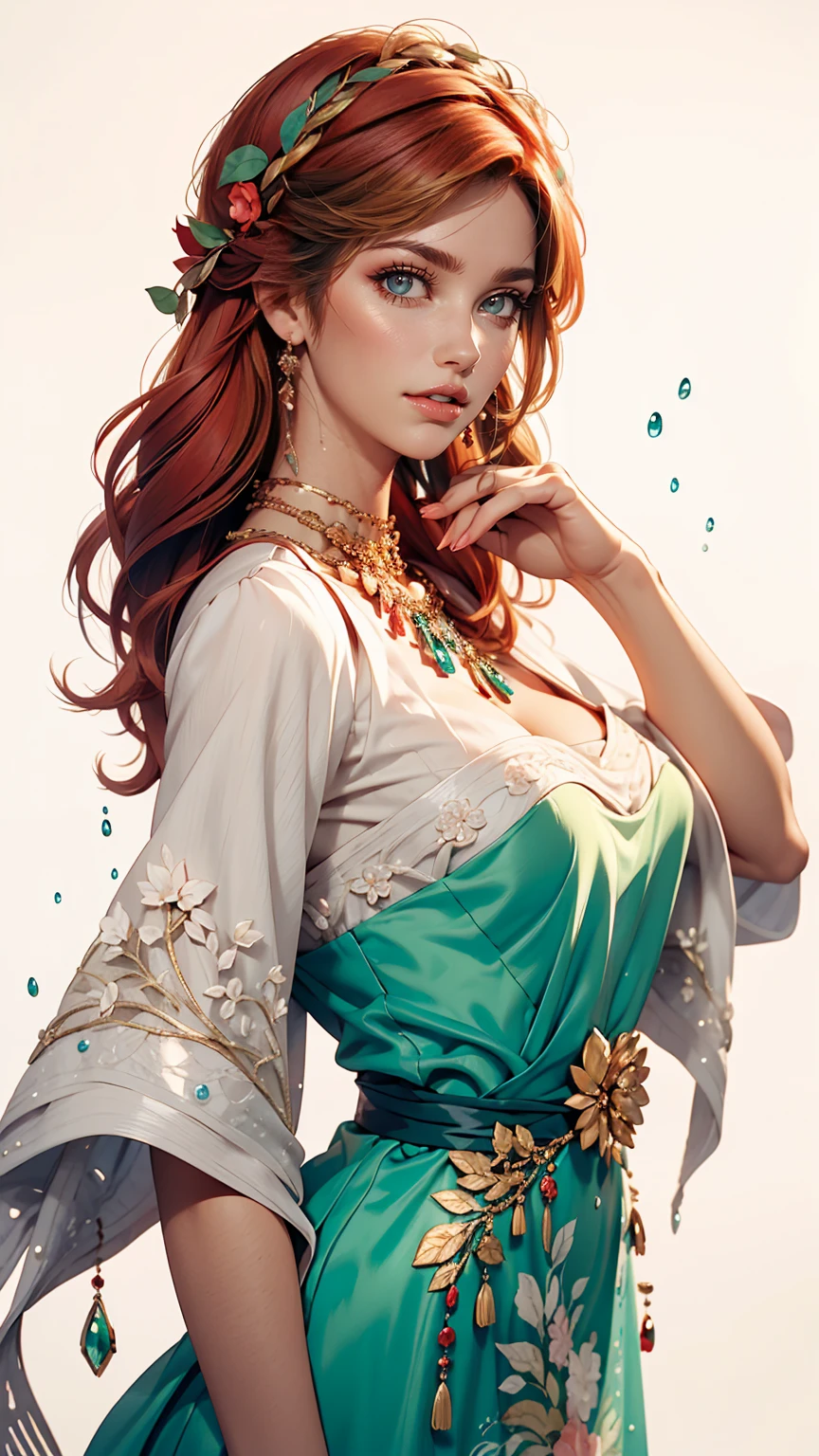 Caucasian woman with red hair and bright green eyes, Wear elegant party clothes, Scattered outlines and white background, Intricate details, Modest, watercolor, splash