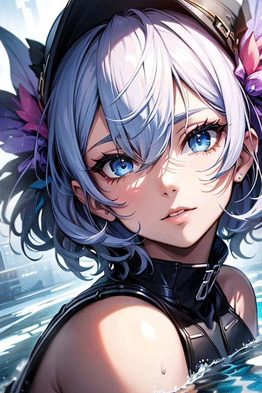 abstract, High Resolution, Ultra Detailed, 1 Girl, Solo, Highly Detailed Eyes, (Official Art, Beautiful and Aesthetic: 1.2), (1 Girl), Extreme Detail, (Fractal Art: 1.3), Colorful, Supreme Detail, Light Blue Short Hair, Blue Eyes, Ice Skates, Ice Rink, Reflection, Water, Shadow, Shade