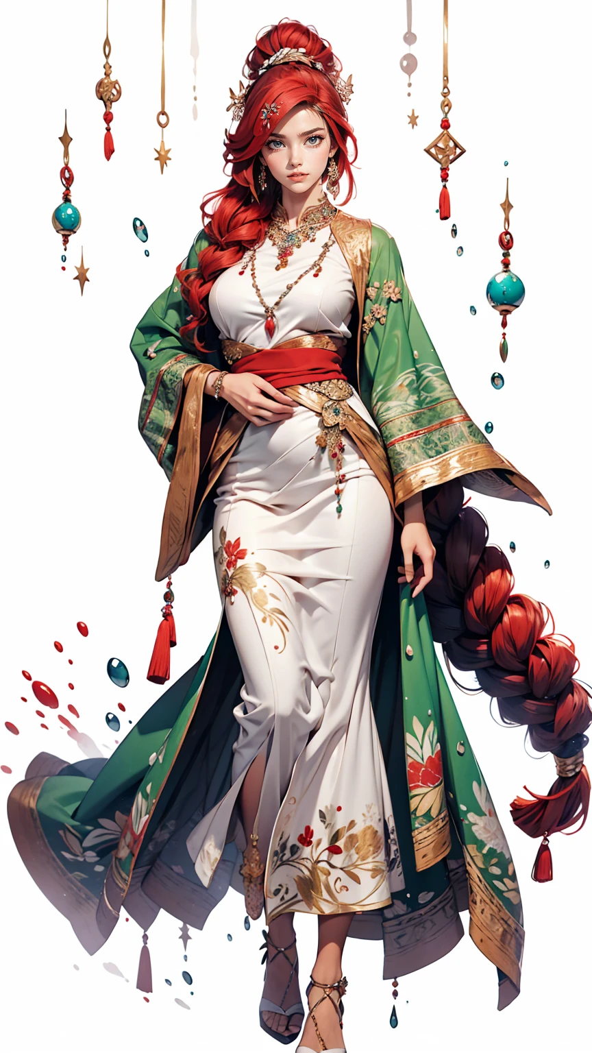 Polynesian woman with red hair and bright green eyes, Wear elegant party clothes, Scattered outlines and white background, Intricate details, Modest, watercolor, splash