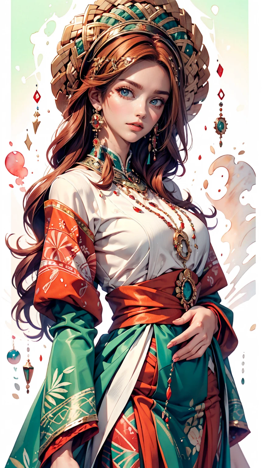 Polynesian woman with red hair and bright green eyes, Wear elegant party clothes, Scattered outlines and white background, Intricate details, Modest, watercolor, splash