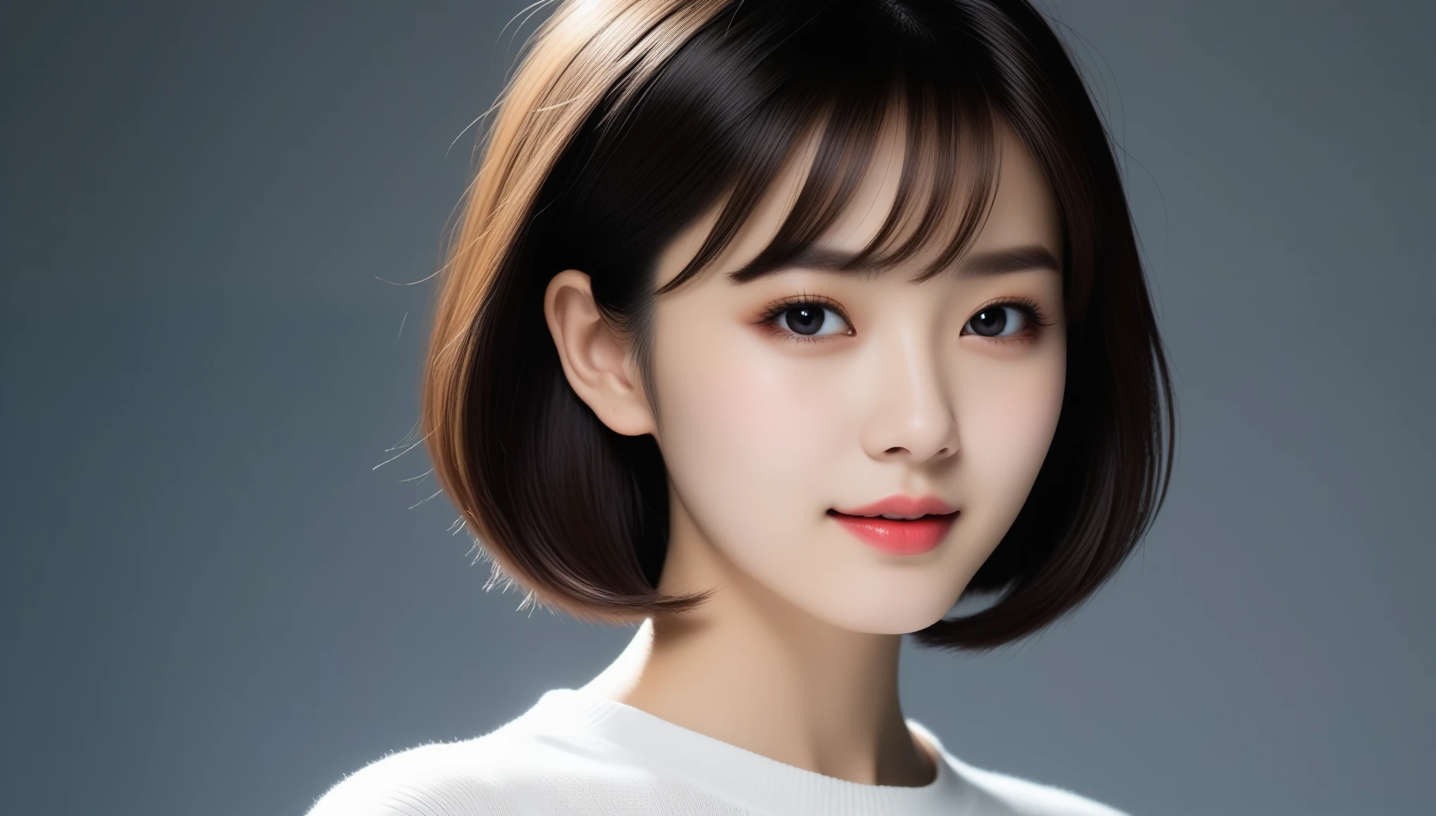 8k, Ultra-high resolution, highest quality, masterpiece, Surreal, photograph, 1 girl, (16 years old:1.3), pretty girl, Cute Face, Beautiful eyes in every detail, 細かくdetailedに,masterpiece,Japan Female Announcer,（((White shirt))）、フィルムポートレートphotograph、One Girl、Exposing shoulders、Bob Cut Hair、Calm、Calm、(Realistic detailedd eyes、Natural skin texture、Realistic facial details)、Soft and dramatic lighting、Depth of written boundary、Vivid details、detailed、Surreal、Light and shadow,Strong light,Bob Cut Hair, Dynamic pose、 Sexy pose、See through 、Looking at the audience、beauty,Long neck、Laugh a little、Please close your mouth and laugh、(((Ideal body type))),A-cup small breasts :2,、Portraiture:2、Perfect Anatomy、鮮明なdetailed、detailed、Surreal、Light and shadow,Strong light,Fashion magazine cover,Thin lips