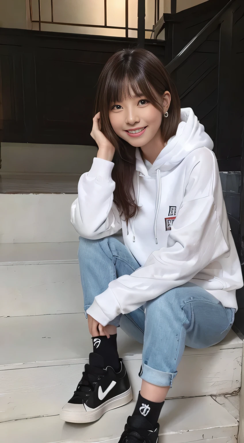 highest quality, Realistic, Very detailed, Finer details, High resolution, 8k wallpaper, One beautiful woman,Sit on the stairs、（Wear black socks）smile、（Beautiful teeth alignment、）（Gums are visible） Oversized hoodie, Skinny jeans,（ Black sneakers）、Black Hair、 Beautiful Bangs、ear piercing、Perfect dynamic composition, Beautiful and detailed, Full Body Shot, A big smile brown hair