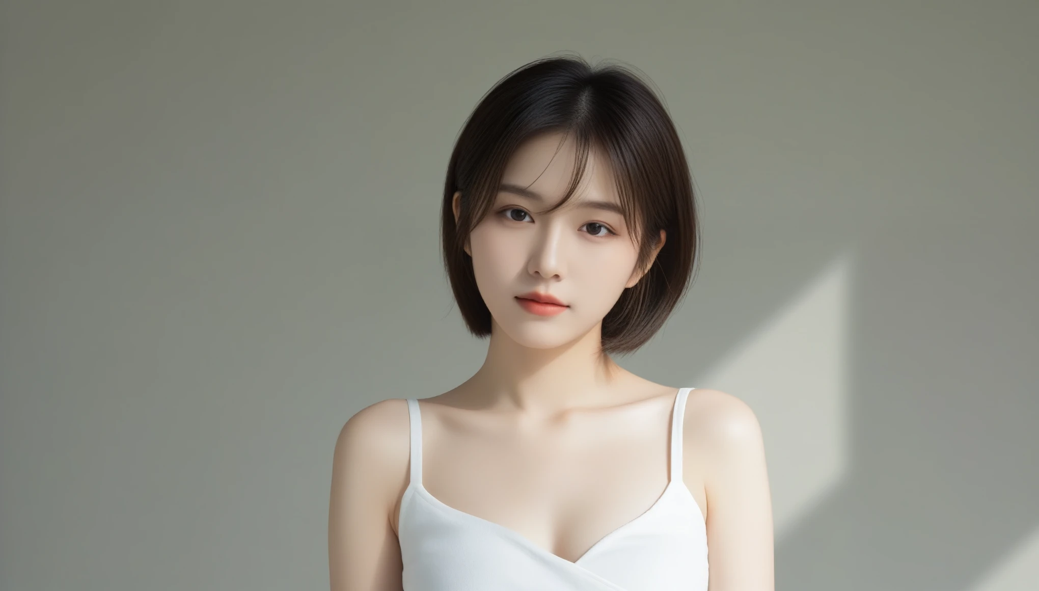 8k, Ultra-high resolution, highest quality, masterpiece, Surreal, photograph, 1 girl, (:1.3), pretty girl, Cute Face, Beautiful eyes in every detail, 細かくdetailedに,masterpiece,Japan Female Announcer,(((White shirt)))、フィルムポートレートphotograph、One Girl、Exposing shoulders、Bob Cut Hair、Calm、Calm、(Realistic detailedd eyes、Natural skin texture、Realistic facial details)、Soft and dramatic lighting、Depth of written boundary、Vivid details、detailed、Surreal、Light and shadow,Strong light,Bob Cut Hair, Dynamic pose、 Sexy pose、See through 、Looking at the audience、beauty,Long neck、Laugh a little、Please close your mouth and laugh、(((Ideal body type))),A-cup small breasts :2,、Portraiture:2、Perfect Anatomy、鮮明なdetailed、detailed、Surreal、Light and shadow,Strong light,Fashion magazine cover,Thin lips