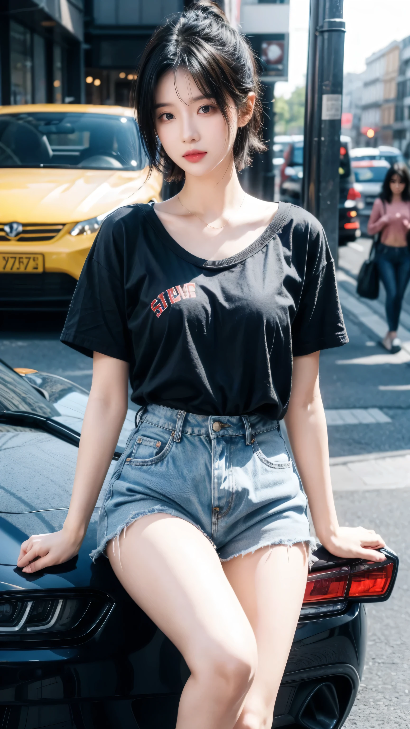best quality, 1 Girl, dark blue hair, black eyes, Very short hair, Spiky hair, red down oversize t-shirt, High waist short jeans, 171 cm, Messy hair, Hair between the eyes, Medium breasts, full, Tomboy, aldult, 20 years old, 1 Girl near red down car