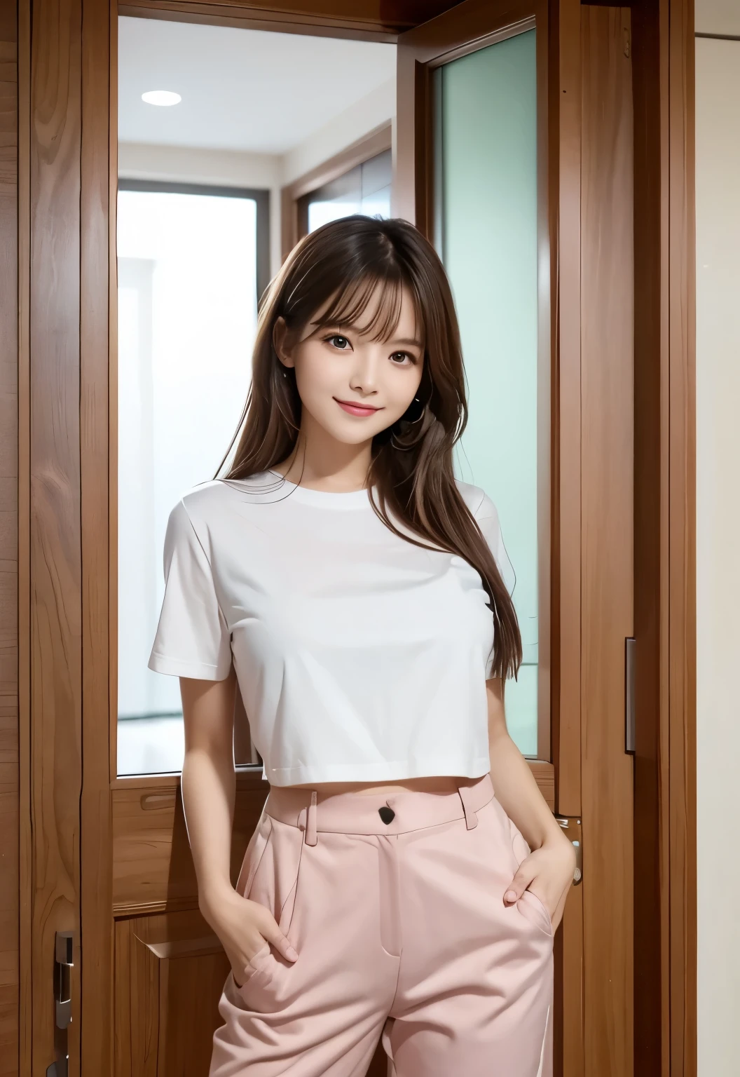 (masterpiece, best quality:1.1), (8k, raw photo, photo realistic:1.2, f22), (shiny skin), detailed skin,long hair,ribbon,detailed face, detailed eyes,smile,BREAK, real world, intricate details, smil, BREAK, 1girl, full body,(short sleeve,pants,pink)BREAK, (door:1.4)