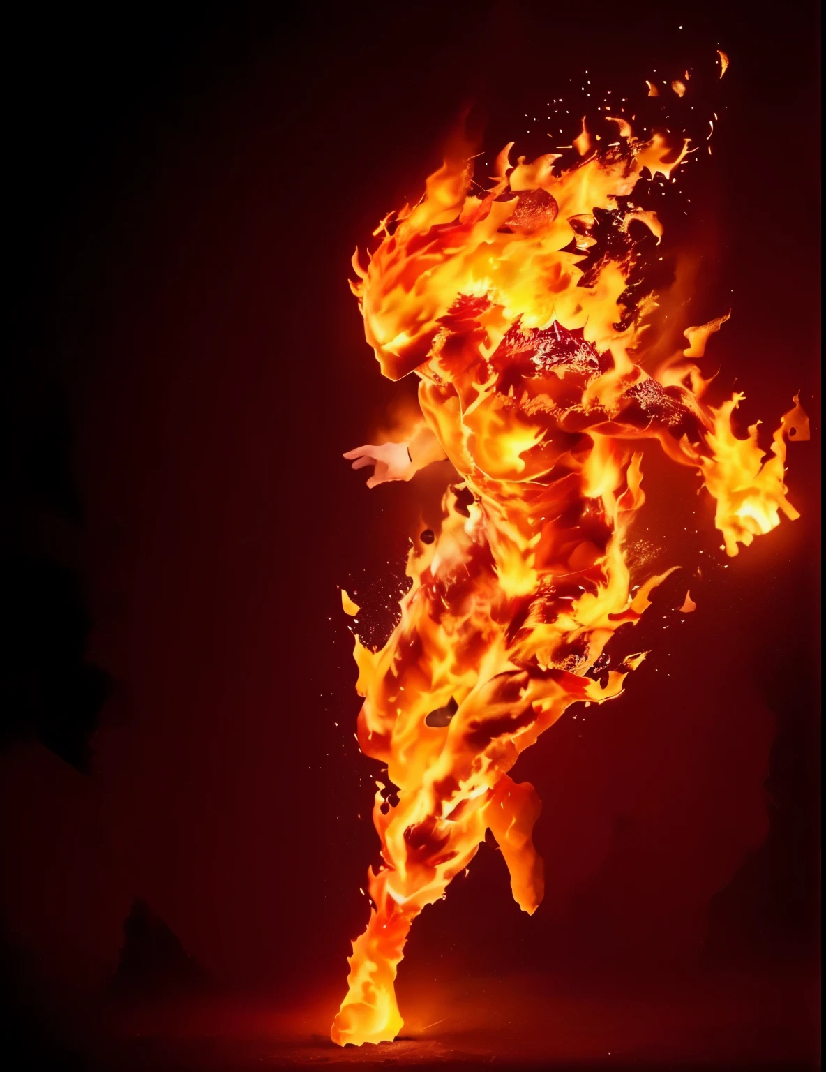 a close up of a person running with a fire on their back, human torch, fire elemental, body made of fire, fire!! full body, firey, her body made of flames, abstract painting of man on fire, blazing infero, body of pure fire, completely consisting of fire, ghost of the fire spirit, walking out of flames, liquid fire