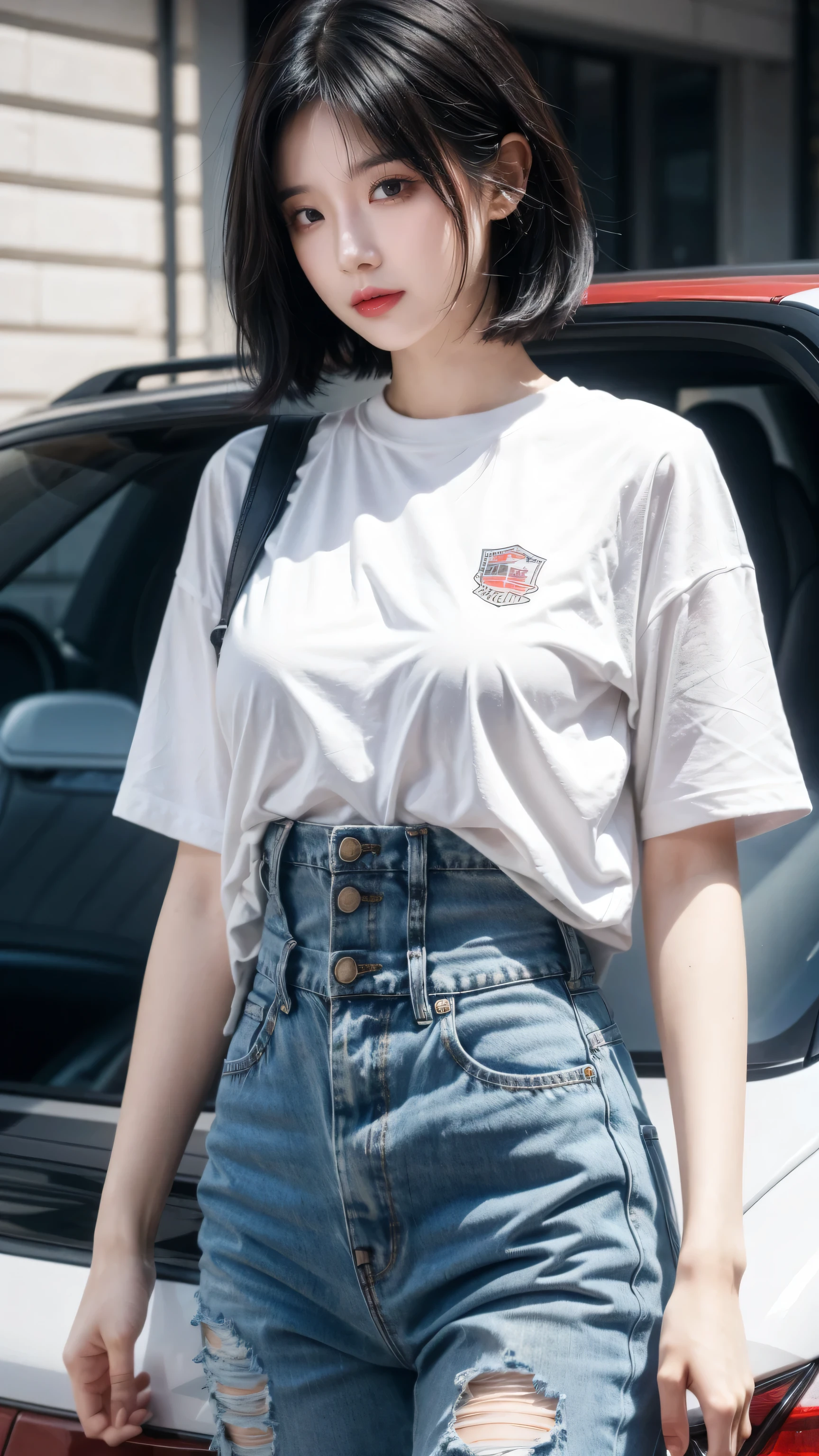 best quality, 1 Girl, dark blue hair, black eyes, Very short hair, Spiky hair, red down oversize t-shirt, High waist short jeans, 171 cm, Messy hair, Hair between the eyes, Medium breasts, full, Tomboy, aldult, 20 years old, 1 Girl near red down car