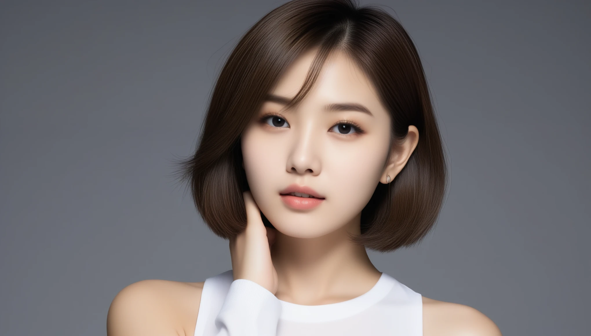8k, Ultra-high resolution, highest quality, masterpiece, Surreal, photograph, 1 girl, (16 years old:1.3), pretty girl, Cute Face, Beautiful eyes in every detail, 細かくdetailedに,masterpiece,Japan Female Announcer,（((White shirt))）、フィルムポートレートphotograph、One Girl、Exposing shoulders、Bob Cut Hair、Calm、Calm、(Realistic detailedd eyes、Natural skin texture、Realistic facial details)、Soft and dramatic lighting、Depth of written boundary、Vivid details、detailed、Surreal、Light and shadow,Strong light,Bob Cut Hair, Dynamic pose、 Sexy pose、See through 、Looking at the audience、beauty,Long neck、Laugh a little、Please close your mouth and laugh、(((Ideal body type))),A-cup small breasts :2,、Portraiture:2、Perfect Anatomy、鮮明なdetailed、detailed、Surreal、Light and shadow,Strong light,Fashion magazine cover,Thin lips