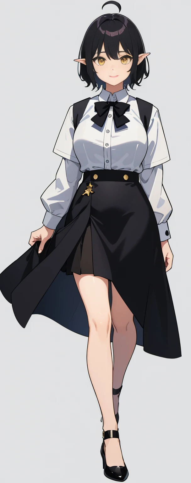 whole body,((upright)), ((Arms at your sides)), View Viewer, Simple Background、Simple white background, One Girl,alone、 Open your mouth, smile, Virtual YouTuber、With a girl、((highest quality, expensive_solve, clear_image)),(purplish-black hair), (Pointy Ears), (Ahoge), (途方もなくShort Hair),(Short Hair), (Wavy Hair), (Yellow Eyes),、Laughter、Very large breasts,(Put shoes on your feet)、Concept Art、Show Viewer。((Office Suits)), White button-up shirt, Black vest,Black slit skirt, Black Skirt, Black bow tie, Wear pumps)。Simple Background。