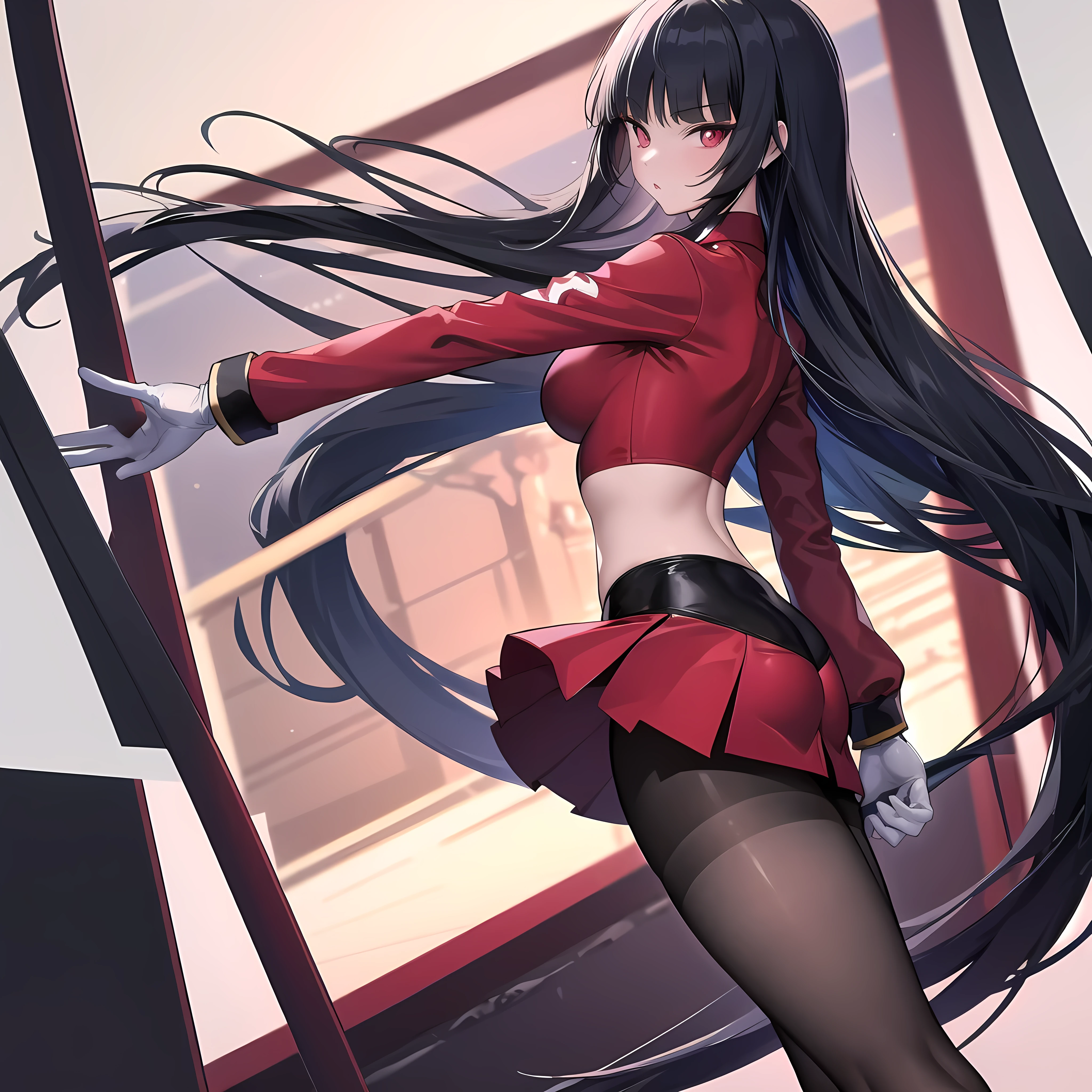 masterpiece, best quality, frlgsabrina, blunt bangs, very long hair, black hair, black bodysuit, red crop top, red sleeves, red skirt, white gloves, black pantyhose, large breasts, looking at viewer, from side, hallway, front view