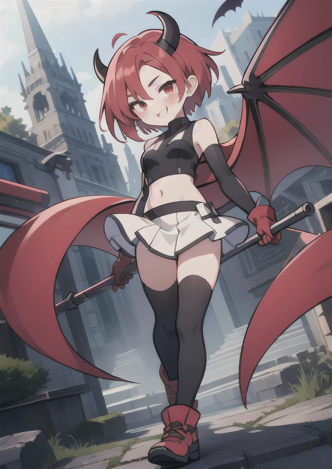 8K, femboy, petit, adult. kawaii vampire, crimson hair, short hair, red eyes, fang, bat wings, smile, (blush), (shy), pointed ears, looking at viewer, dynamic angle, wind, game cg, fantastic scenery, devil tail, demon tail, thin tail, black horns, medium breast, show full body, 1boy, male focus, trap, crossdressing,1boy, team rocket, team rocket uniform, red letter R, white skirt, white crop top, black thigh-highs, black elbow gloves, pokemon