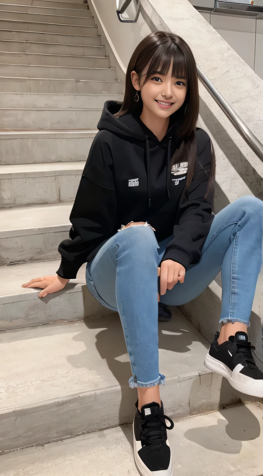 highest quality, Realistic, Very detailed, Finer details, High resolution, 8k wallpaper, One beautiful woman,Sit on the stairs、(Wear black socks)smile、(Beautiful teeth alignment、)(Gums are visible) Oversized hoodie, Skinny jeans,( Black sneakers)、Black Hair、 Beautiful Bangs、ear piercing、Perfect dynamic composition, Beautiful and detailed, Full Body Shot, A big smile brown hair