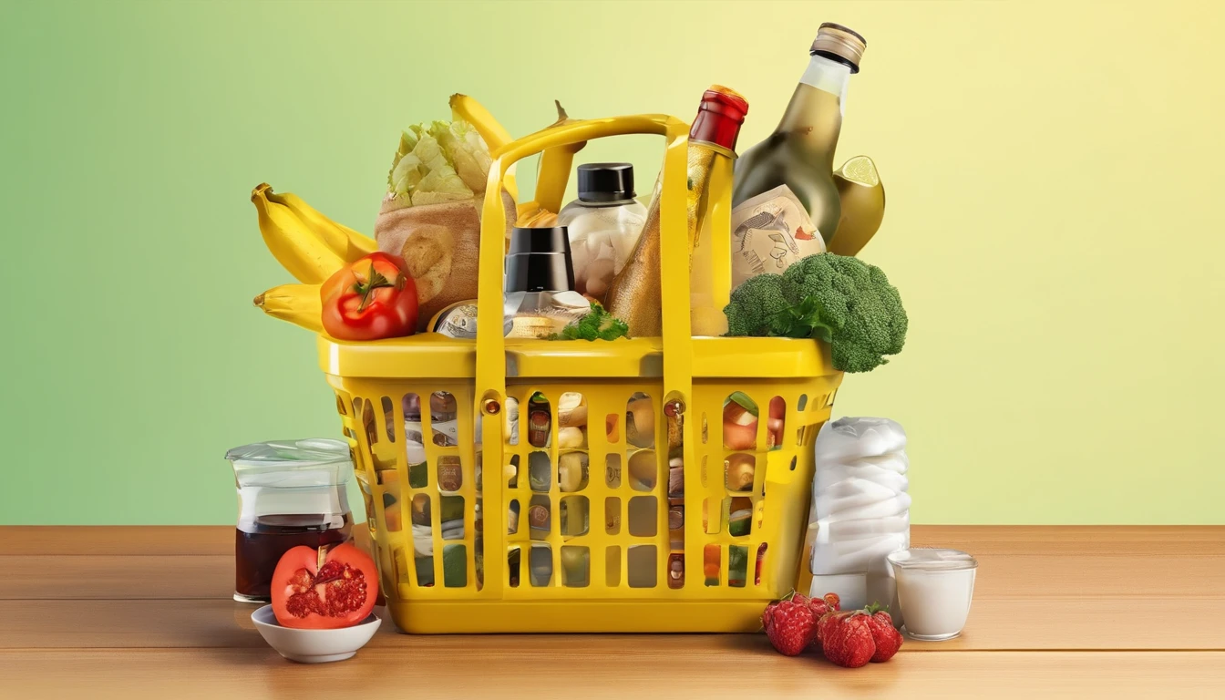Shopping basket full of grocery products, food and drink on yellow background.