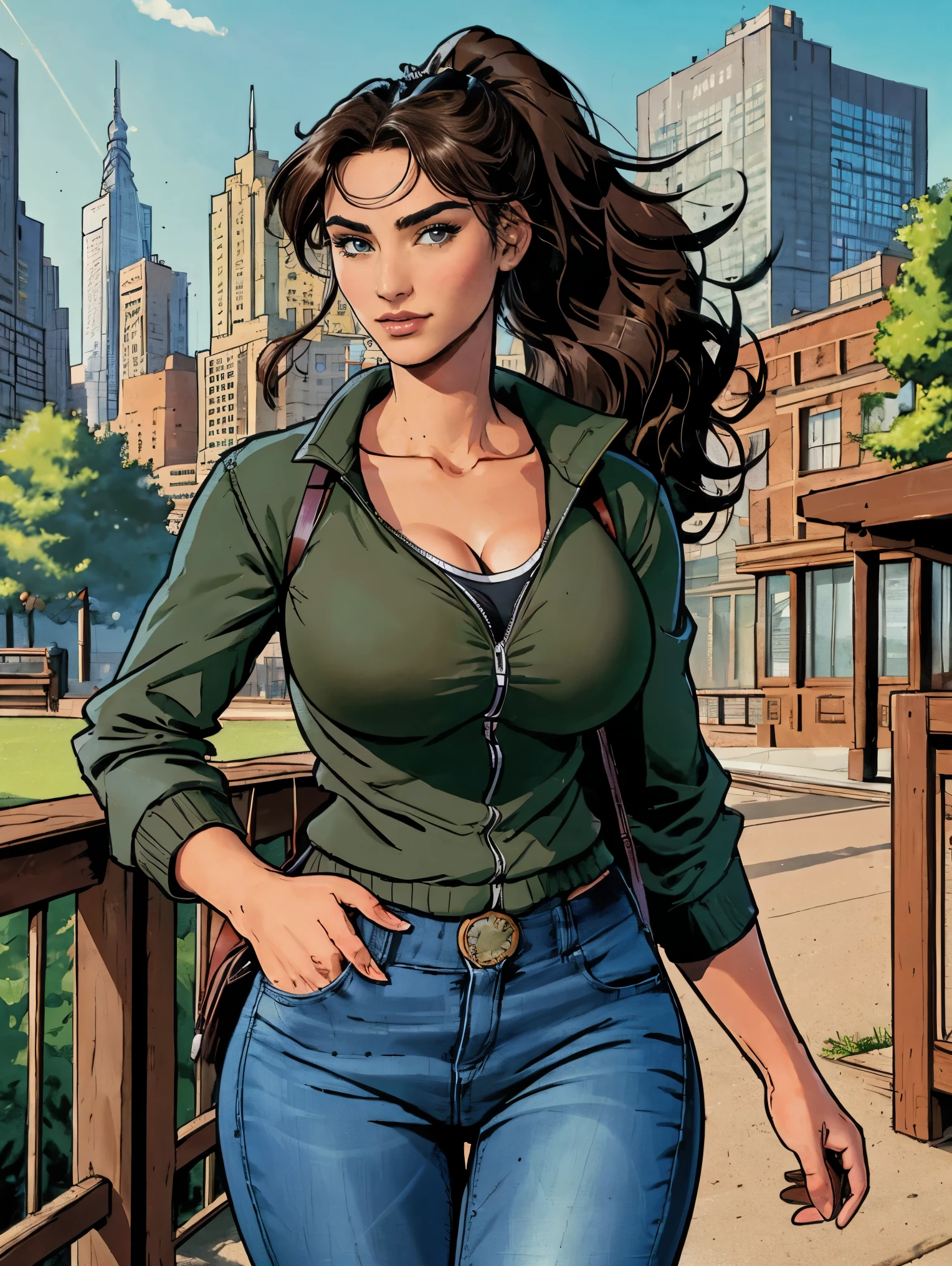 (masterpiece, top quality, best quality, official art, beautiful and aesthetic:1.2), (1girl:1.3), dark brown hair pulled back, elegant updo, extremely detailed, portrait, looking at viewer, facing viewer, solo, (full body:0.6), detailed background, close up, kindly eyes, (warm summer park theme:1.1), busty woman, charlatan, smirk, mysterious, long hair, huge ponytail, slim, thin, athletic, womanly, elastic woman, dark green jacket, tank top, blue jeans, hair bandana, camera bag, brunette, city, heroic, cheerful, city exterior, park, street, daylight, soft lighting, natural lighting, athletic, strong, slim waist, slim hips, long legs, muscular legs, modern (city park exterior:1.1) background, bright mysterious lighting, shadows, magical atmosphere, dutch angle,