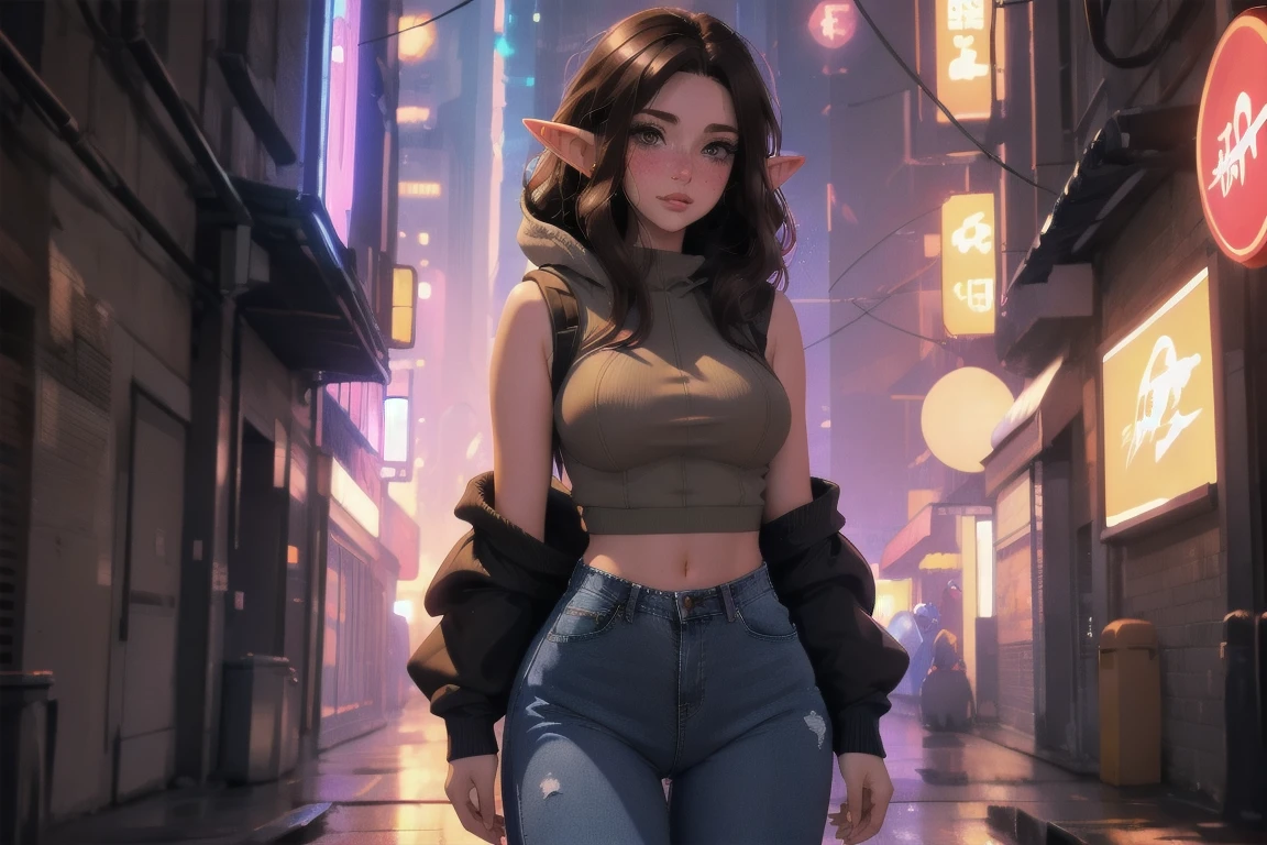 (elf girl), master piece, blushing, freckles, wide hips, slim waist, thick thighs, masterpiece, best quality, sfw, mature 36 year old woman, brown hair, moist face, wavy hair, mouth open, shiny. lips, beutiful round eyes, cyberpunk background, tight one piece sweater, sleeveless sweater, bare shoulders, Waist high jeans, tight jeans, tall skyscraper background, bladerunner background, large hoodie, thick hoodie