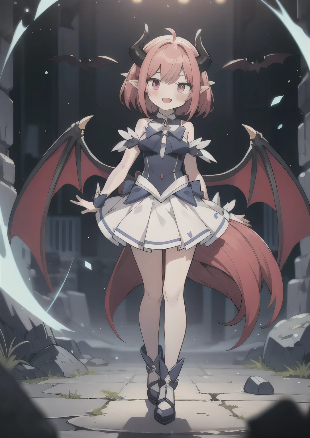 8K, 1girl, petit, adult, kawaii magical girl, crimson hair, short hair, red eyes, fang, bat wings, smile, (blush), (shy), pointed ears, looking at viewer, dynamic angle, wind, game cg, fantastic scenery, demon tail, thin tail, black horns, medium breast, show full body, magical girl, dungeons, summon, maho shojo, Gushing Over Magical Girls, magicalgirl