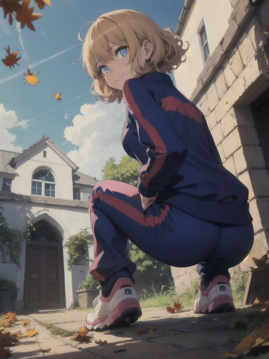 1girl, angry, curly hair, looking at viewer,(beautiful detailed blue eyes), (Persona:1.2),, spread legs,(Satonaka_chie), squatting, (over size Colorful track suit pants),(), line off, smile, (((highlight in eyes))), (((small mat))), (((Narrow gravel road))), (thick outline), Mud road, ((Crouch on a muddy doormat)), (glowing eyes), (((Arch your back))), (from below:1.5), long weeds, (from behind:1.3), blue sky, (Stepping on fallen leaves:1.6)