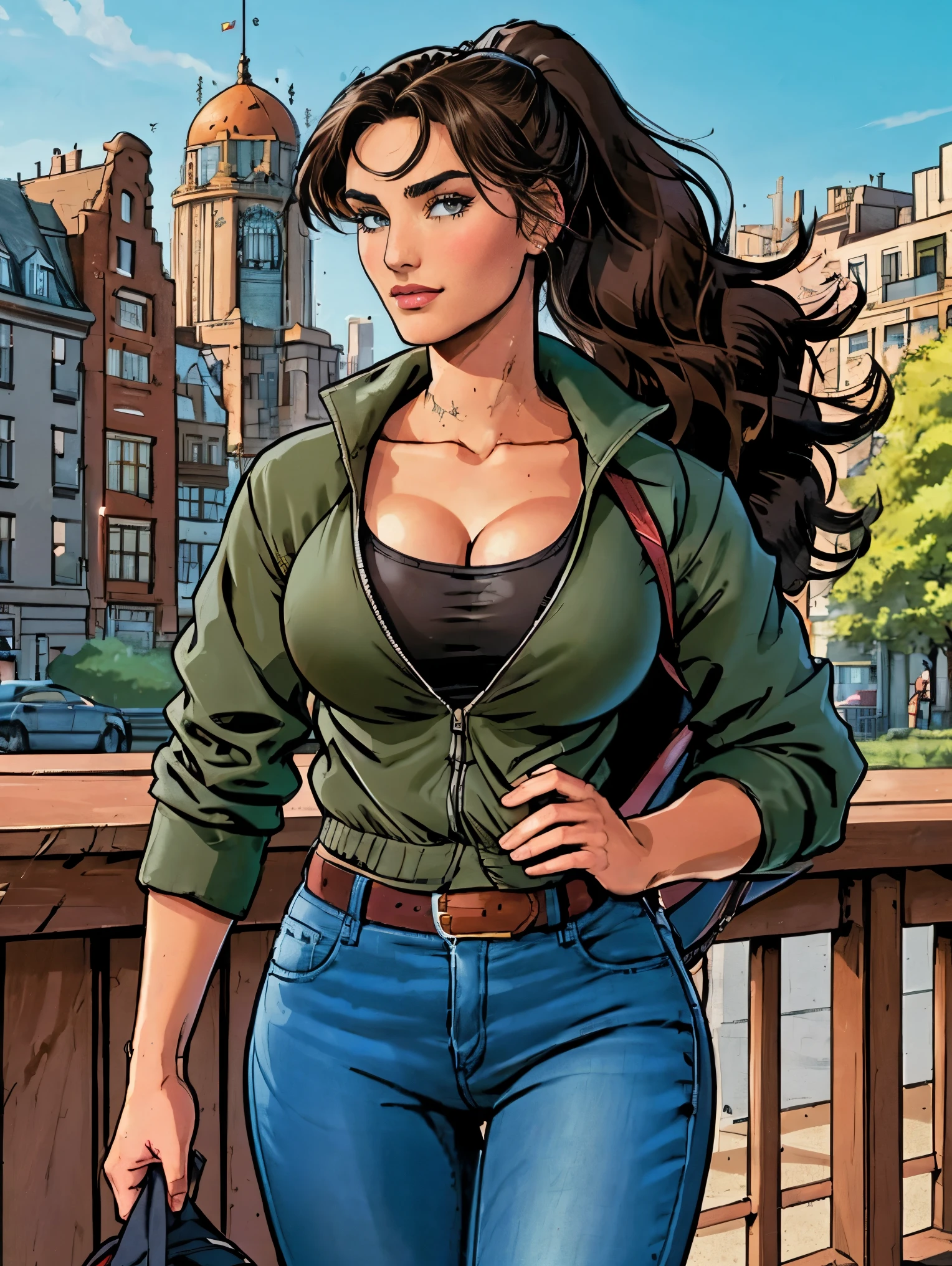 (masterpiece, top quality, best quality, official art, beautiful and aesthetic:1.2), (1girl:1.3), dark brown hair pulled back, elegant updo, extremely detailed, portrait, looking at viewer, facing viewer, solo, (full body:0.6), detailed background, close up, kindly eyes, (warm summer park theme:1.1), busty woman, charlatan, smirk, mysterious, long hair, huge ponytail, slim, thin, athletic, womanly, elastic woman, dark green jacket, tank top, blue jeans, hair bandana, camera bag, brunette, city, heroic, cheerful, city exterior, park, street, daylight, soft lighting, natural lighting, athletic, strong, slim waist, slim hips, long legs, muscular legs, modern (city park exterior:1.1) background, bright mysterious lighting, shadows, magical atmosphere, dutch angle,