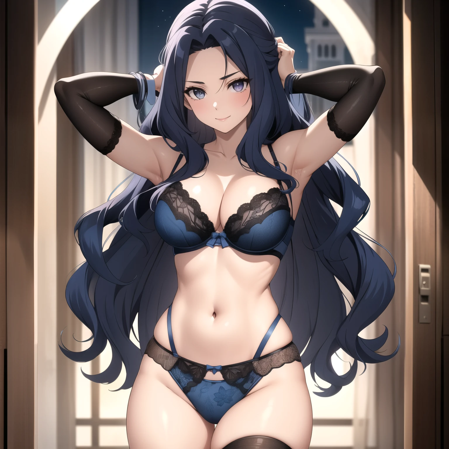 1 sola mujer, chica sola, Melty Q Melromarc. woman 30 years old shiny wavy blue hair, ojos violetas detallados, sonrisa coqueta, rubor, pechos grandes, blue detailed sexy bra and panties, esta de pie en medio de una habitacion de lujo hotel 5 estrellas de noche, coqueta. esta sola . mujer sola. cabello muy largo.