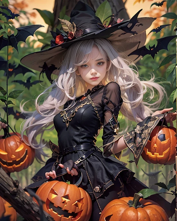 highest quality, masterpiece, Attention to detail, Intricate details, Realistic, Mysterious Halloween woman with bright expression, Spooky atmosphere