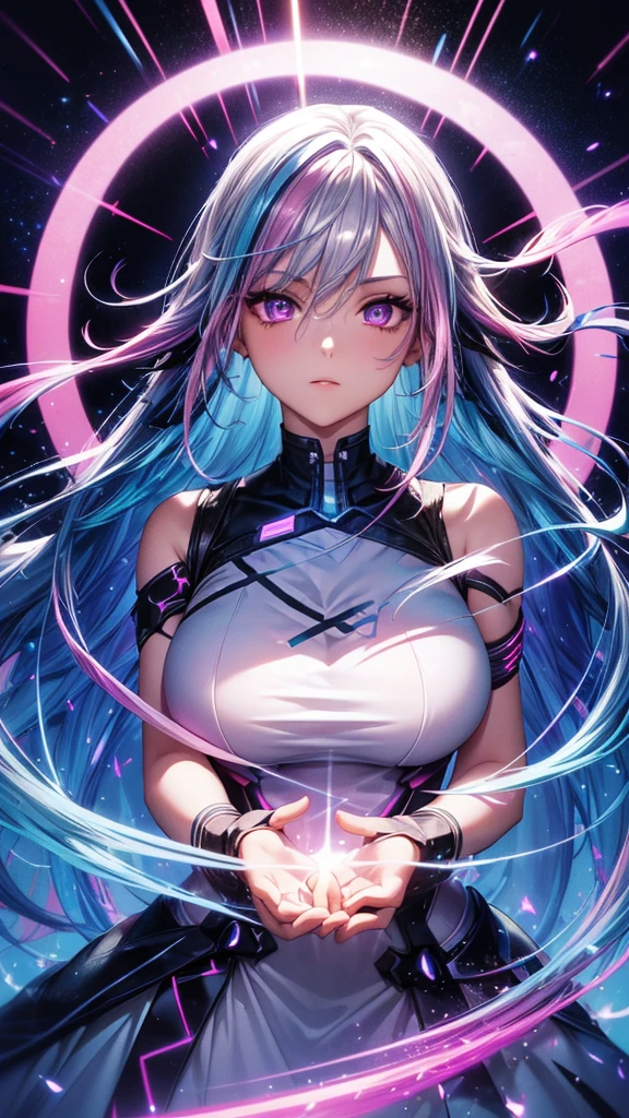 1 girl, 20 year old girl, one person, (Silver blue hair with pink and purple streaks:1.4), (Gradient sky blue hair:1.6), Hair, Absurdly long hair, One-side lock, curls, shiny hair, Flowing hair, (Illusion dark purple eyes), Delicateeyes, Aqua eyes, as tall as real eyes, ((Glowing eyes)), cosmetic, focus on face, The facial details are very rich, Hot body, Random environment, Random pose, on the street, Looking at the stars, meteor, Technical clothing masterpiece, White long skirt, There are a few cross stars next to it., Colored lights swirl around the body, (((A super huge colorful super complex multi-luminous magic array stands behind the head))), Cyberpunk, full-body shot, Realistic animation, Chiaroscuro, (Glowing lights), spark, Ray Tracing, movie lighting, Futurism, Motion blur, Perfect transition, Divine Light, Atmospheric perspective, best quality, Ultra HD, Super Detail, masterpiece, High resolution, precise, Retina, Octane Rendering