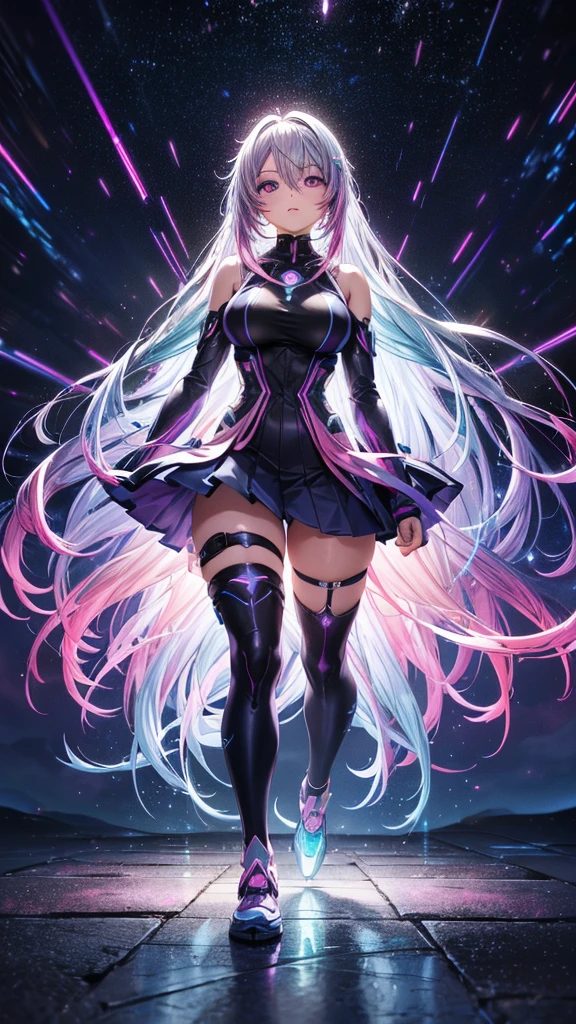 1 girl, 20 year old girl, one person, (Silver blue hair with pink and purple streaks:1.4), (Gradient sky blue hair:1.6), Hair, Absurdly long hair, One-side lock, curls, shiny hair, Flowing hair, (Illusion dark purple eyes), Delicateeyes, Aqua eyes, as tall as real eyes, ((Glowing eyes)), cosmetic, focus on face, The facial details are very rich, Hot body, Random environment, Random pose, on the street, Looking at the stars, meteor, Technical clothing masterpiece, White long skirt, There are a few cross stars next to it., Colored lights swirl around the body, (((A super huge colorful super complex multi-luminous magic array stands behind the head))), Cyberpunk, full-body shot, Realistic animation, Chiaroscuro, (Glowing lights), spark, Ray Tracing, movie lighting, Futurism, Motion blur, Perfect transition, Divine Light, Atmospheric perspective, best quality, Ultra HD, Super Detail, masterpiece, High resolution, precise, Retina, Octane Rendering