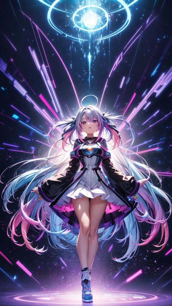 1 girl, 20 year old girl, one person, (Silver blue hair with pink and purple streaks:1.4), (Gradient sky blue hair:1.6), Hair, Absurdly long hair, One-side lock, curls, shiny hair, Flowing hair, (Illusion dark purple eyes), Delicateeyes, Aqua eyes, as tall as real eyes, ((Glowing eyes)), cosmetic, focus on face, The facial details are very rich, Hot body, Random environment, Random pose, on the street, Looking at the stars, meteor, Technical clothing masterpiece, White long skirt, There are a few cross stars next to it., Colored lights swirl around the body, (((A super huge colorful super complex multi-luminous magic array stands behind the head))), Cyberpunk, full-body shot, Realistic animation, Chiaroscuro, (Glowing lights), spark, Ray Tracing, movie lighting, Futurism, Motion blur, Perfect transition, Divine Light, Atmospheric perspective, best quality, Ultra HD, Super Detail, masterpiece, High resolution, precise, Retina, Octane Rendering