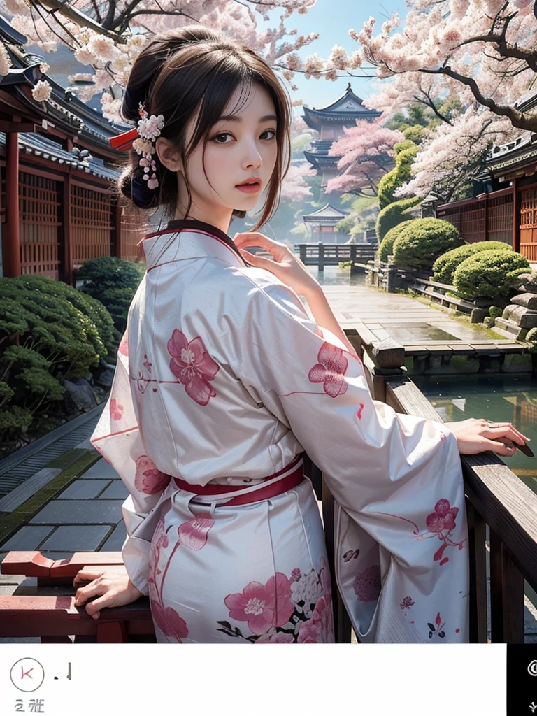 (background:Cherry blossoms blooming on the mountain,Foggy)((Ukiyo-e))Japanese Art,or period,Tokyo Art, lily,Natural landscape.(Masseter membrane、Top quality、Ukiyo-e style、mystery、Exquisite beauty、Official Art、Sharaku:1.2)、(1 Japanese girl in:1.3)、(Fractal Art:1.3)、Cowboy shooting、White skin、(beautiful brunette、kimono:1.2)、以日本传统表演艺术为background、Colorful、(reel、Belongs to Japanese style:1.2)、