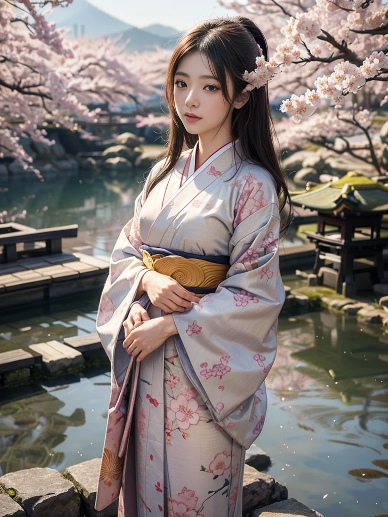 (background：Cherry blossoms blooming on the mountain，Foggy)((Ukiyo-e))Japanese Art,or period,Tokyo Art, lily,Natural landscape.(Masseter membrane、Top quality、Ukiyo-e style、mystery、Exquisite beauty、Official Art、Sharaku:1.2)、(1 Japanese girl in:1.3)、(Fractal Art:1.3)、Cowboy shooting、White skin、(beautiful brunette、kimono:1.2)、以日本传统表演艺术为background、Colorful、(reel、Belongs to Japanese style:1.2)、