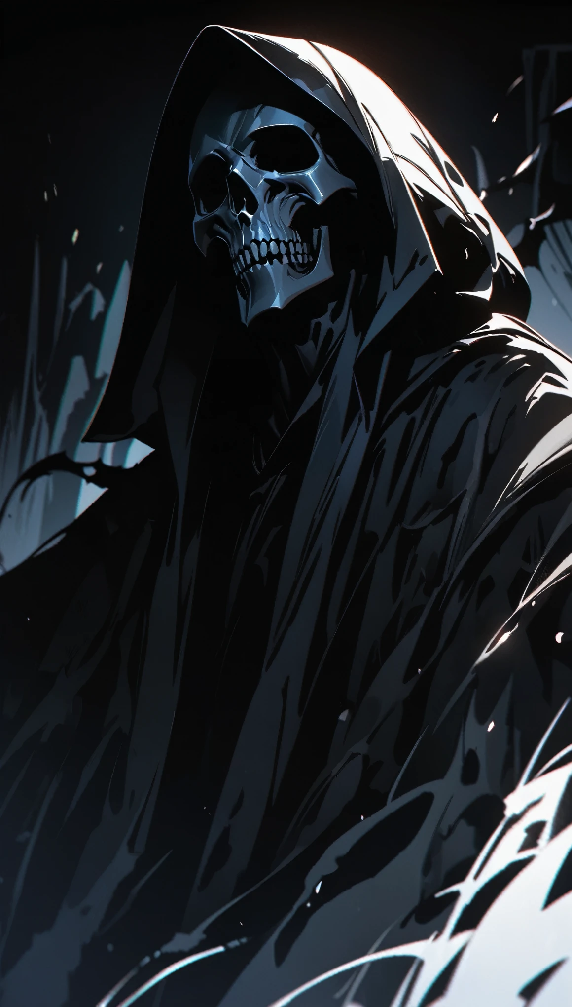(high quality, 8k, 4K, High detail, High Contrast, masterpiece:1.2, 最high quality, Best aesthetics), ((Black, Strange Grim Reaper)), Dark Color Palette, Black Death, Insufficient lighting, Devil's Drug, Magic circle and tapestry hanging on the wall, Summoned Grim Reaper, Hooded, Black Robe, with a scythe, black magic, roar, Overflowing energy, Black Death:1.2, Impressive fantasy art, Random Pause, Dutch Angle, Dilapidated Western-style building background, Ultra-fine Illustration.
