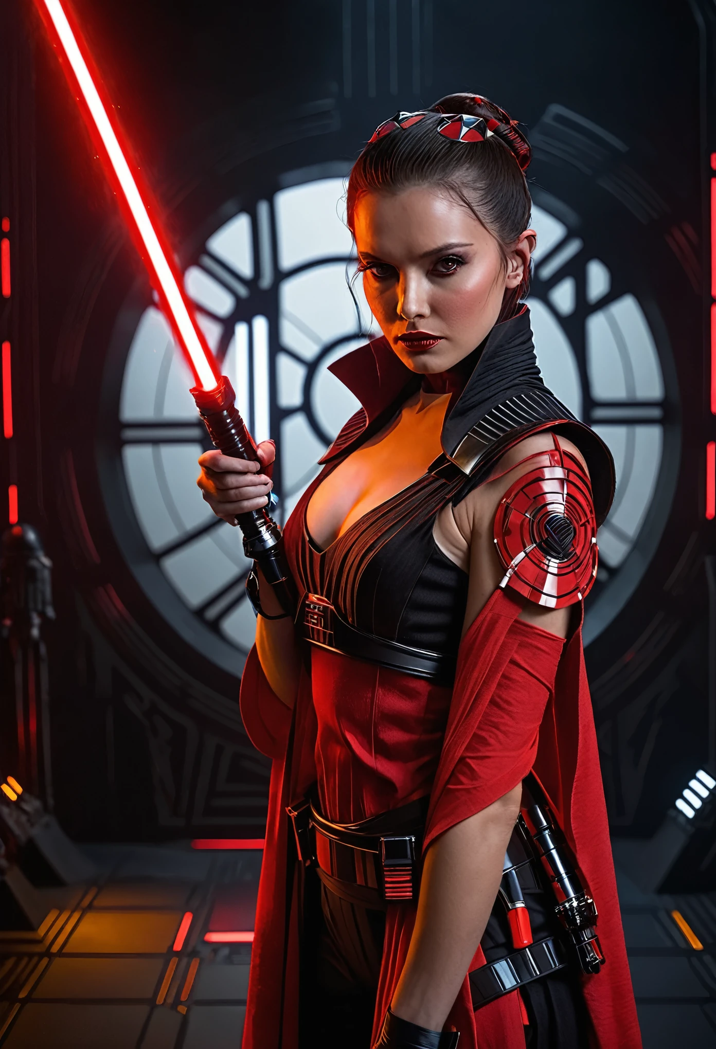 Mujer arafed vestida de rojo sosteniendo un sable de luz roja., vistiendo uniforme sith negro, sosteniendo un sable de luz rojo, sosteniendo sable de luz 4k, con espada sable de luz, Jedi femenino, red and cinematic lighting, sith, Lord Sith. dramatic lighting, con sable de luz, personaje de guerra de las galaxias, star wars movie look, estilo imperial de star wars, Lord Sith
