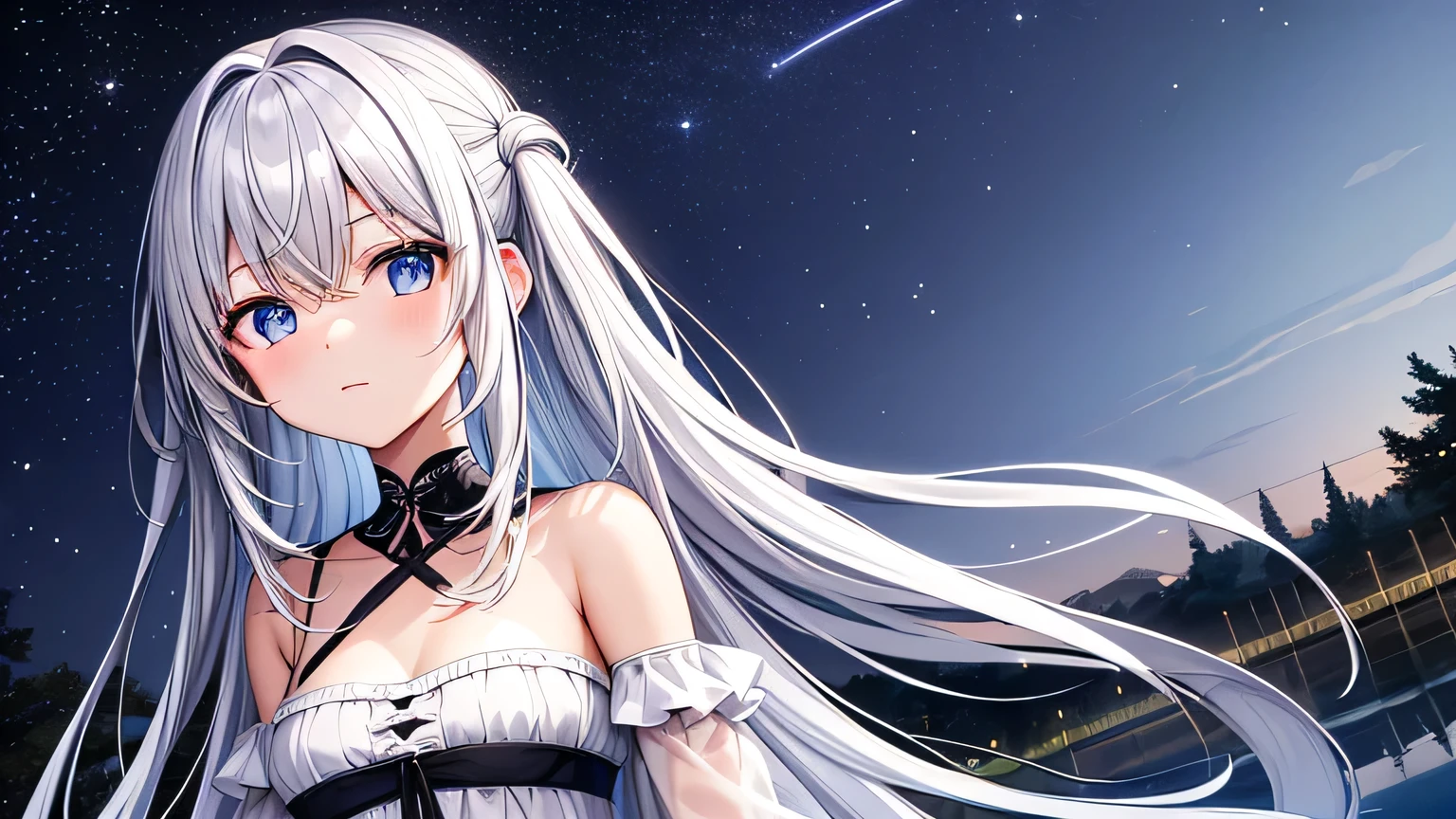 Very dark night, Stars in the sky, There is a very narrow and rough river nearby., Dark shrub forest, A cute anime girl is sitting on the river bank in the distance, Hold her feet., One character, Girls have long white hair , blue eyes, Anime girl dressed in white, There is a small hole in the clothing, Dirty clothes, Anime girl stares thoughtfully, I raised my head to the sky, girl looks up at the stars.