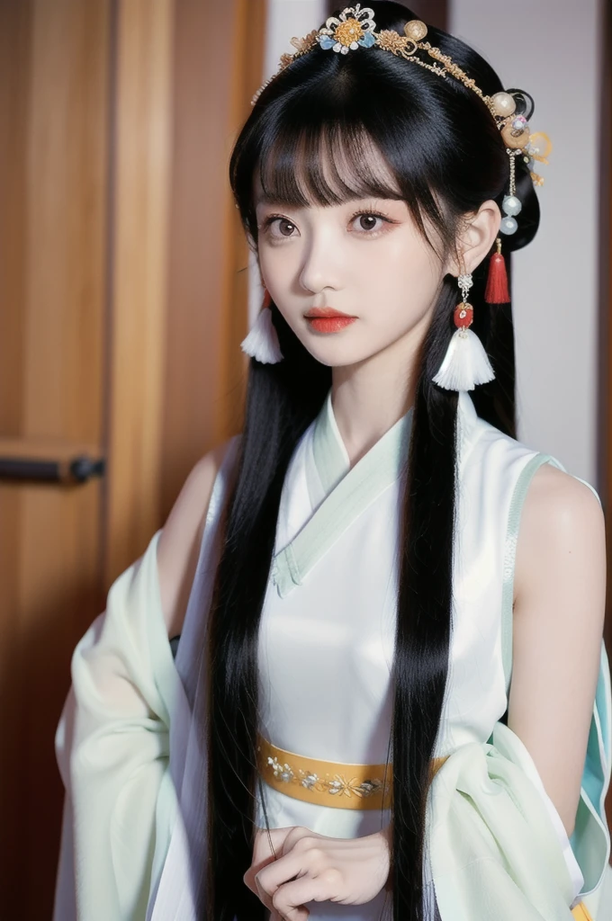 manganese,1 girl,solitary,Jewelry,earrings,actual,Black Hair,black eyes,Vague background,long hair,Vague,whole body,Hair accessories,Lips,Chinese clothes,shut up,